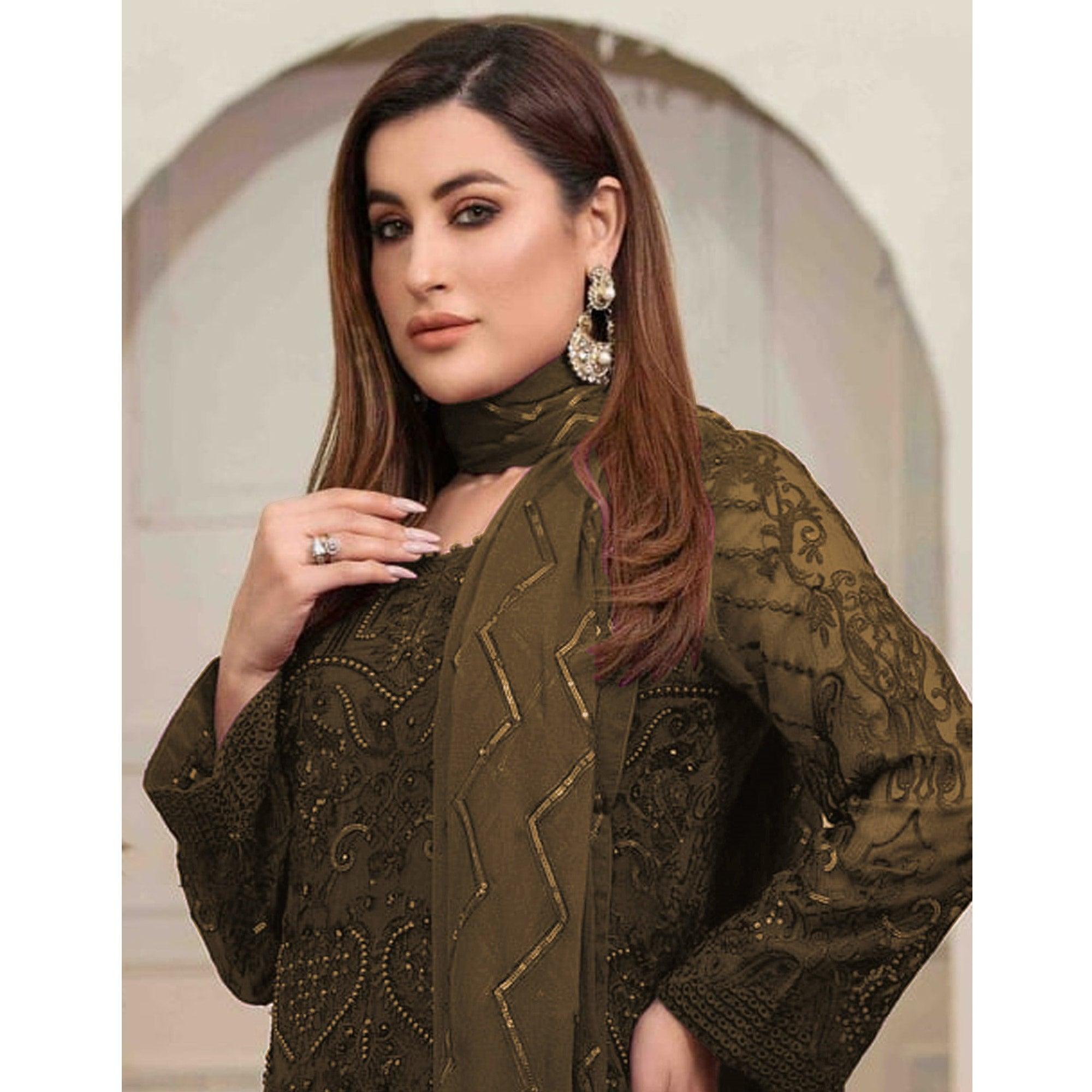 Mehendi Green Embroidered Georgette Pakistani Suit - Peachmode