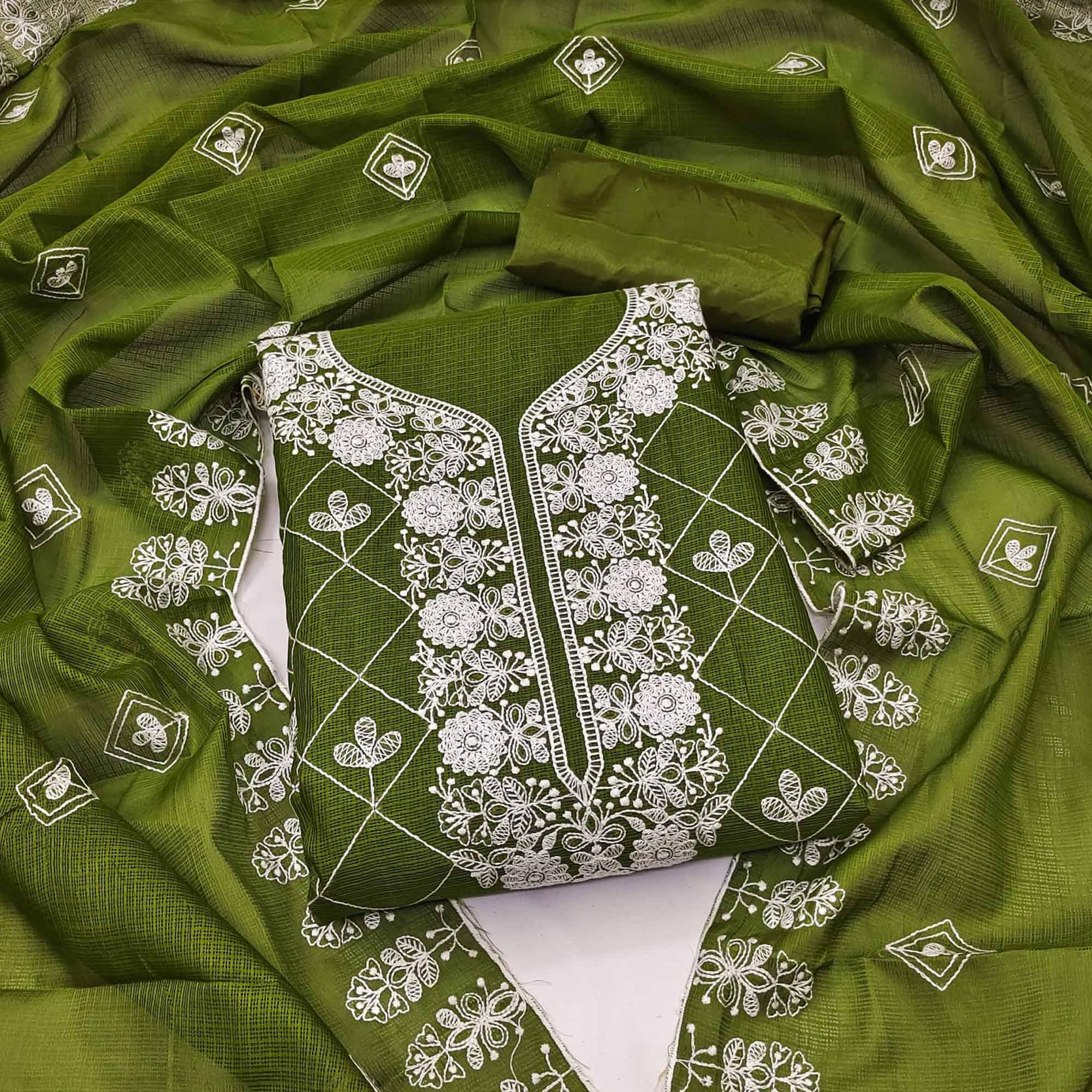 Mehendi Green Embroidered Kota Doria Dress Material - Peachmode