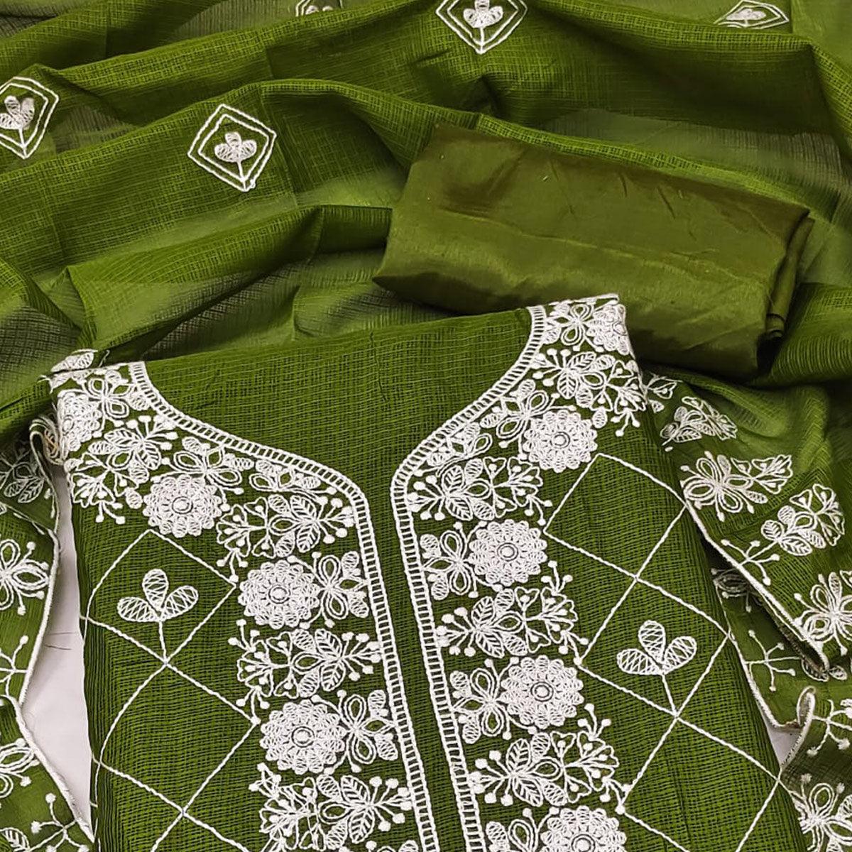 Mehendi Green Embroidered Kota Doria Dress Material - Peachmode