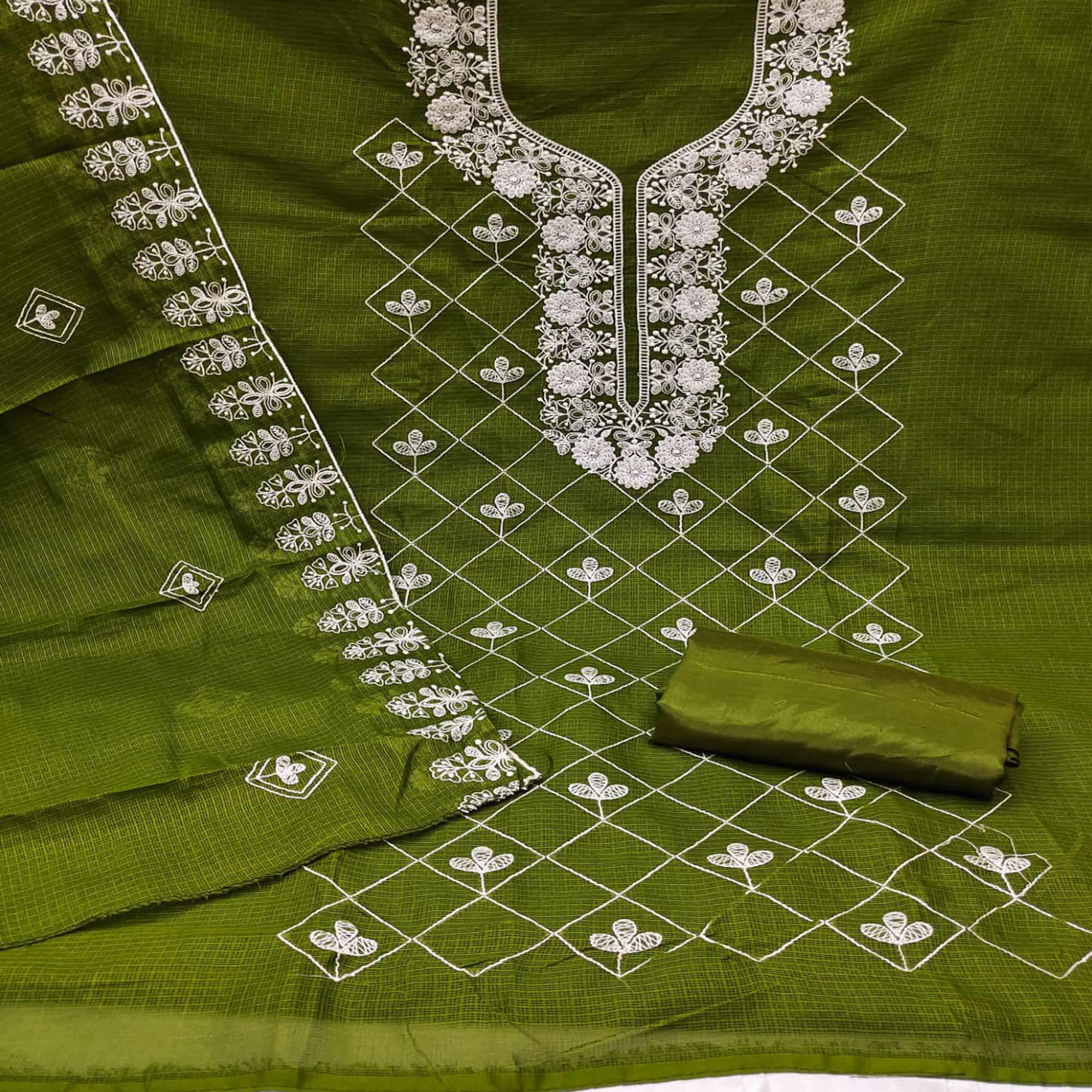 Mehendi Green Embroidered Kota Doria Dress Material - Peachmode