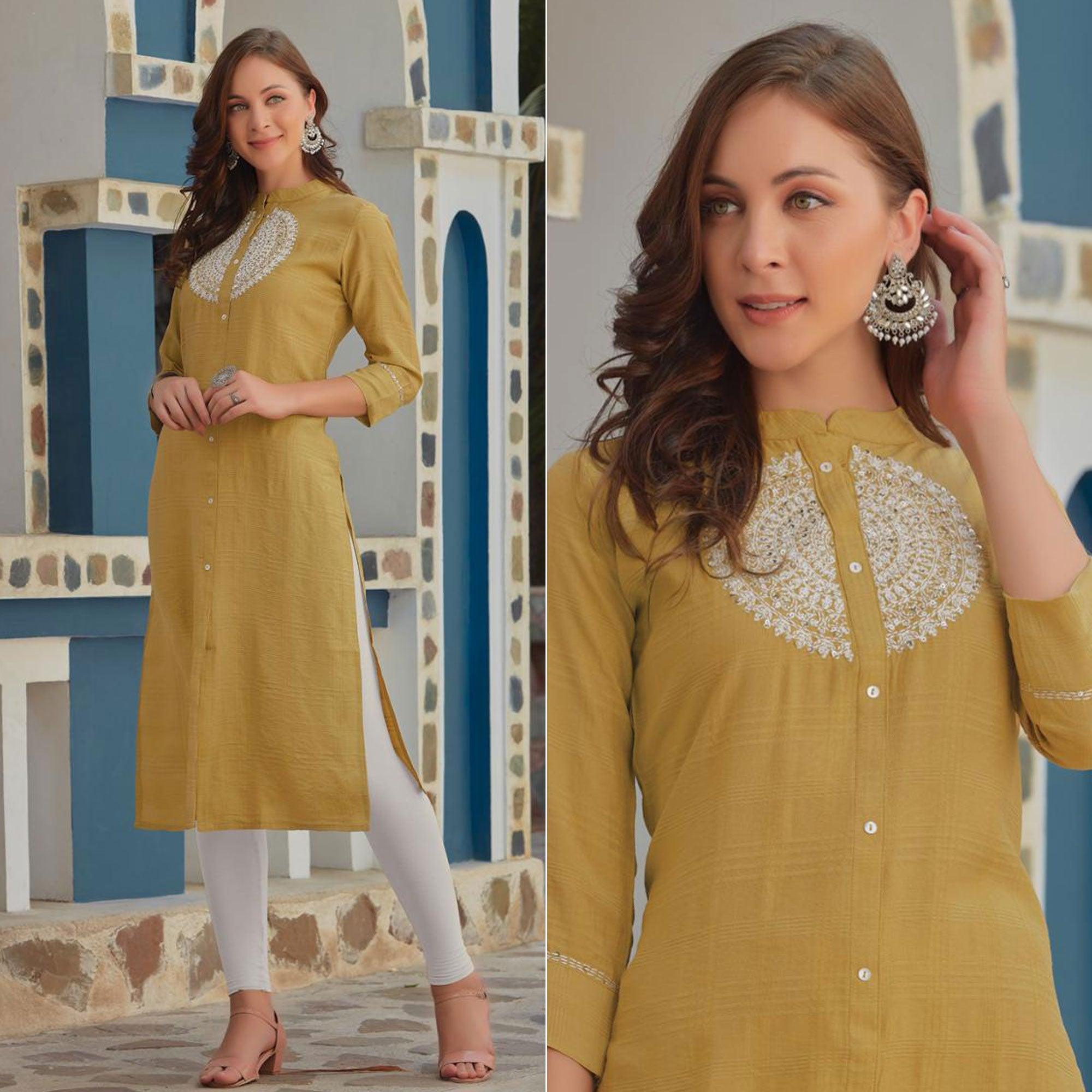 Mehendi Green Embroidered Poly Cotton Kurti - Peachmode