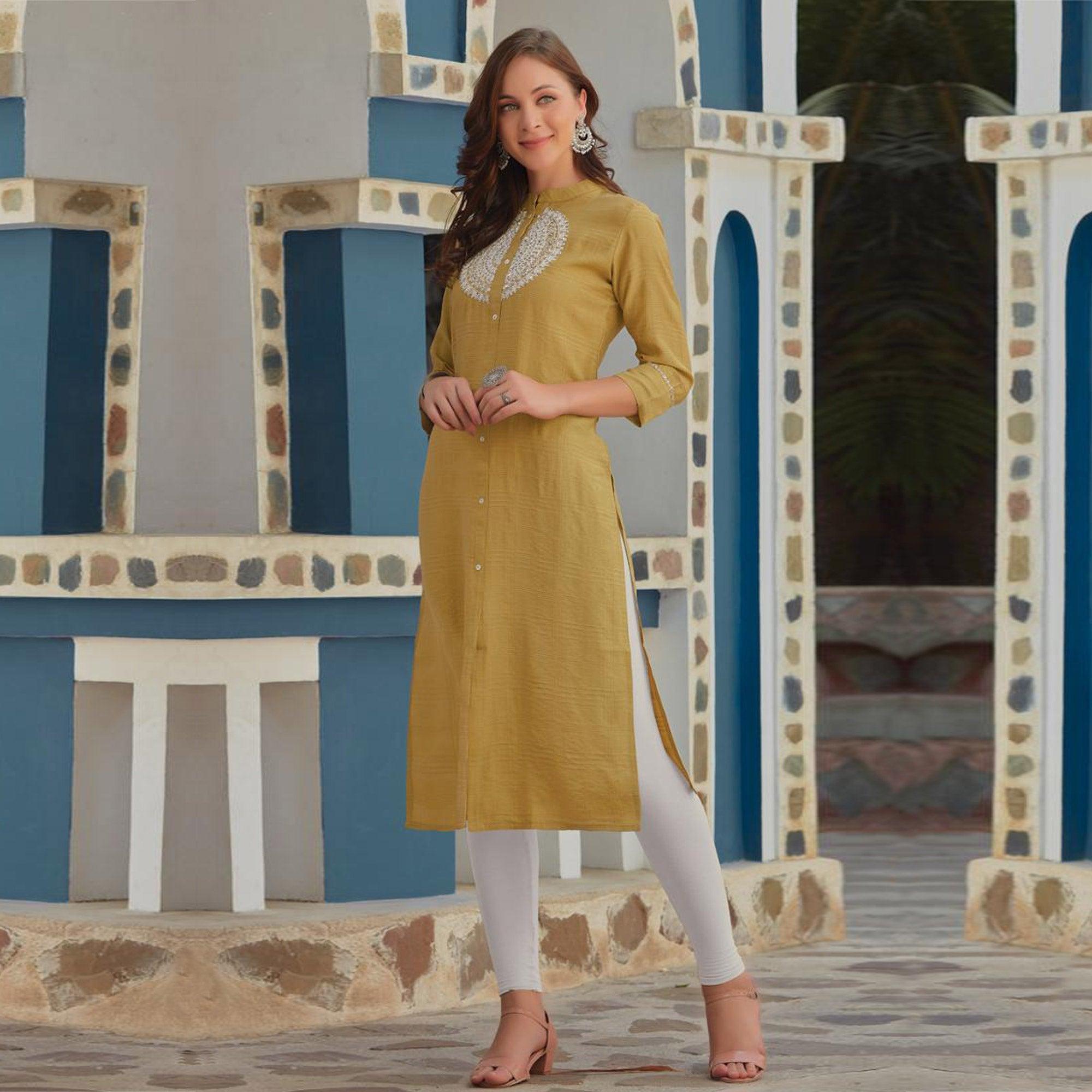 Mehendi Green Embroidered Poly Cotton Kurti - Peachmode