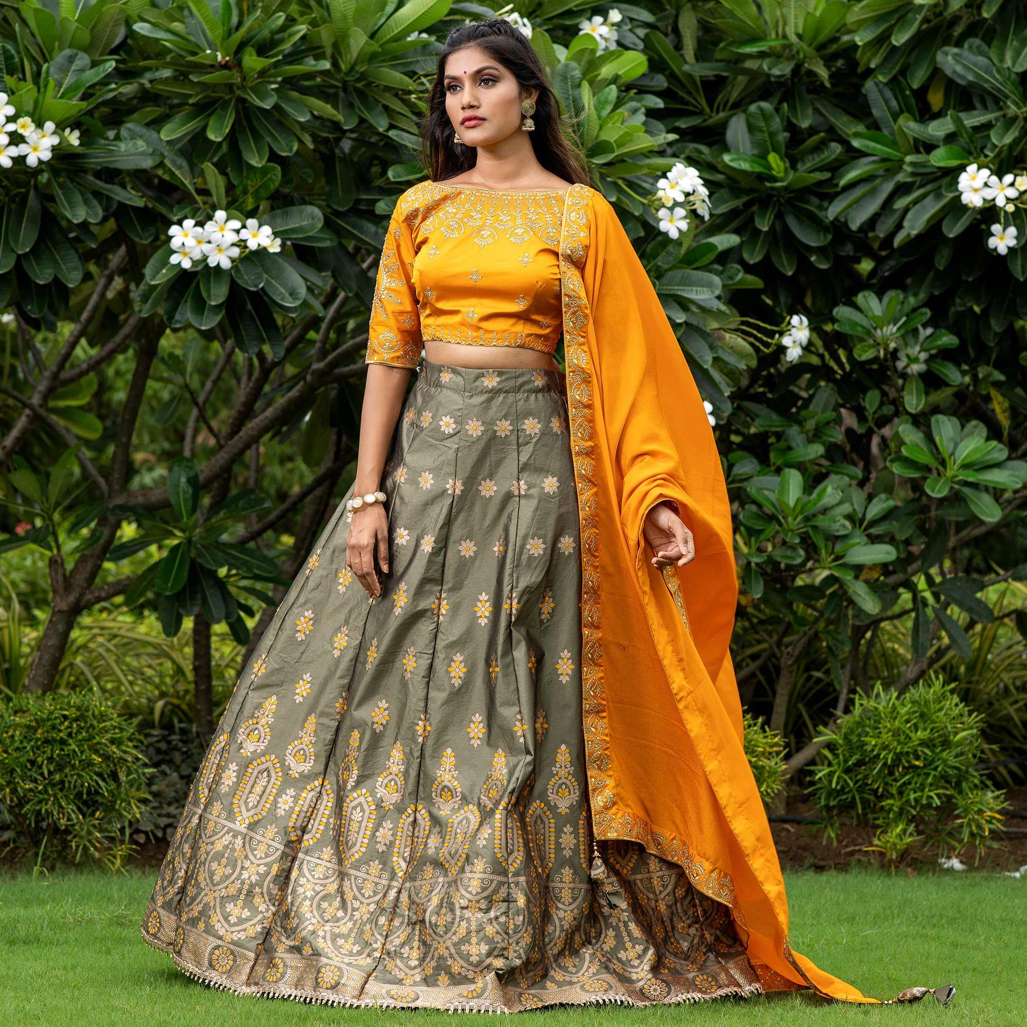 Mehendi Green Festive Wear Floral Embroidery With Woven Silk Lehenga Choli - Peachmode