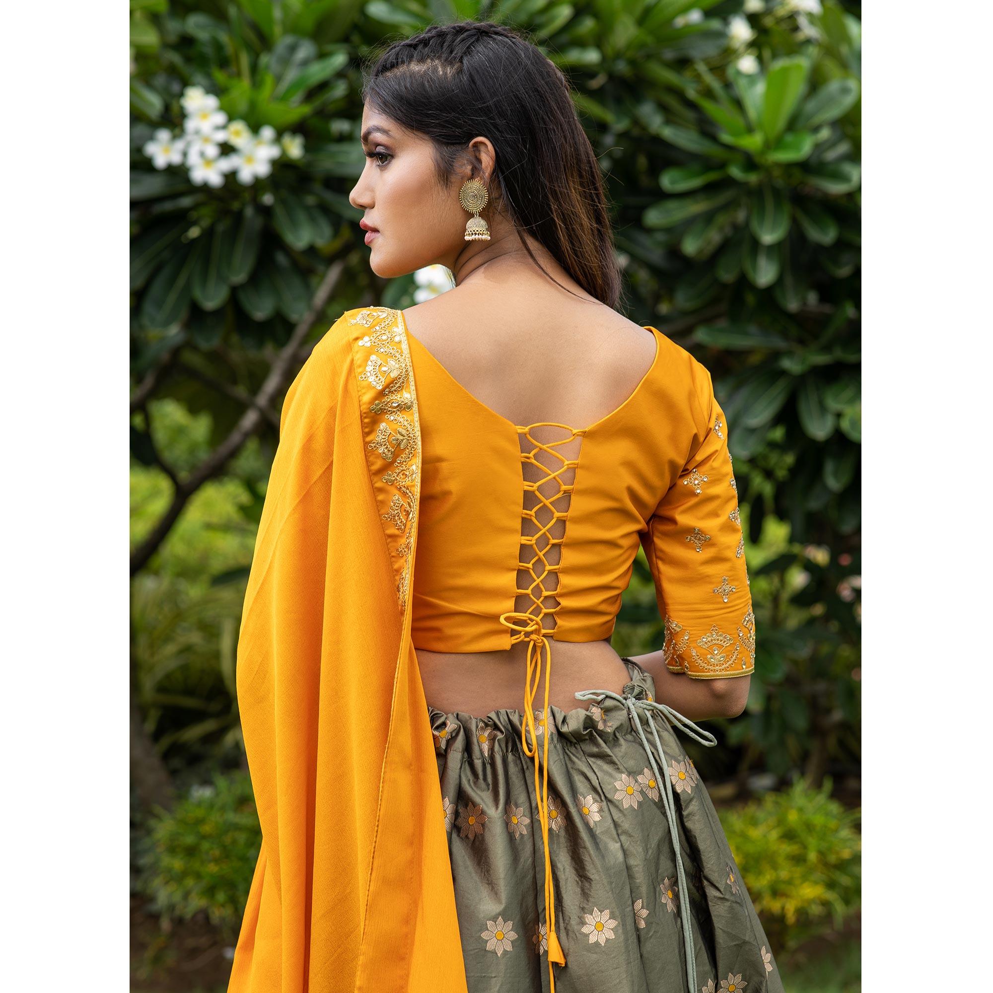 Mehendi Green Festive Wear Floral Embroidery With Woven Silk Lehenga Choli - Peachmode