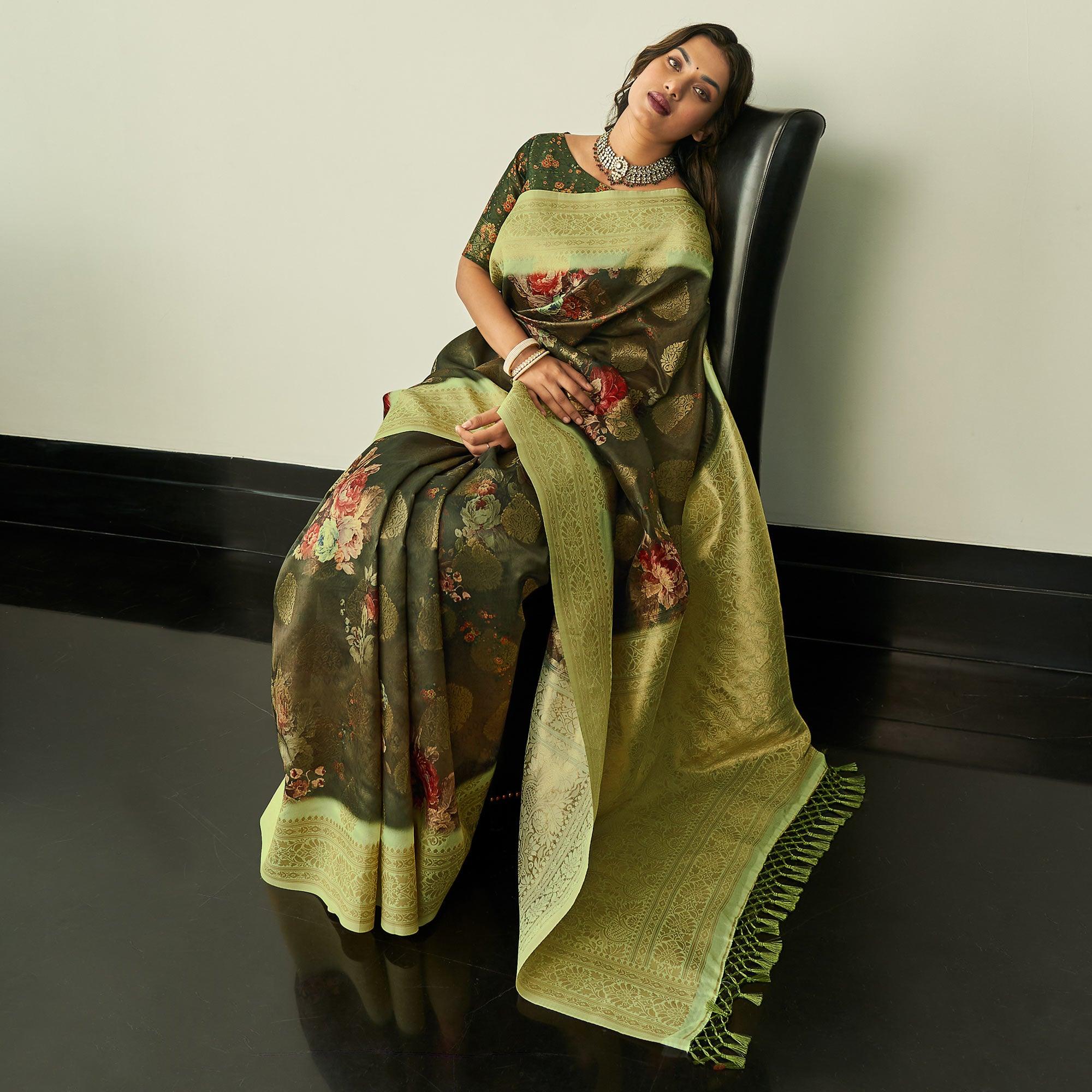 Mehendi Green Festive Wear Floral Printed Silk Saree With Woven Border - Peachmode