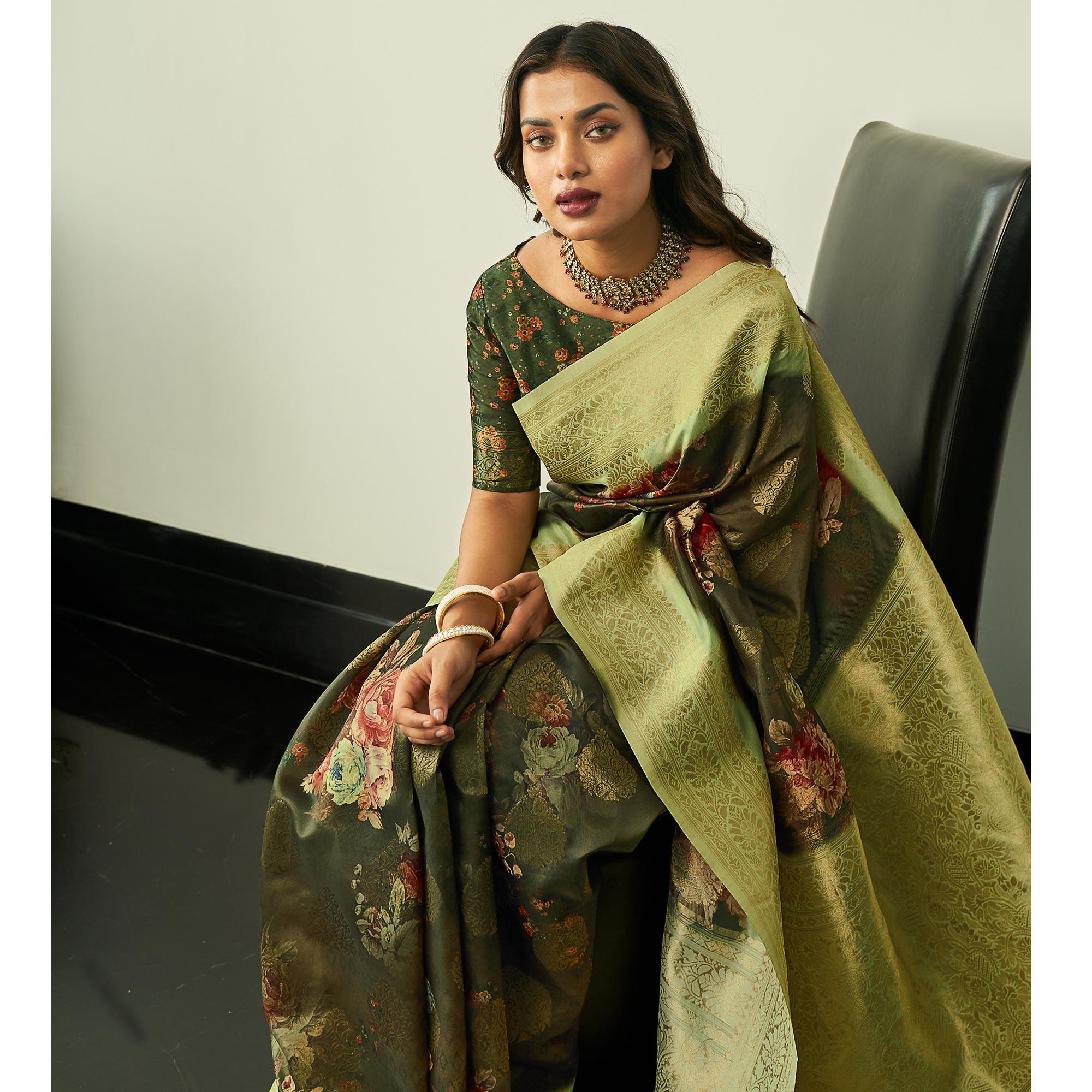 Mehendi Green Festive Wear Floral Printed Silk Saree With Woven Border - Peachmode