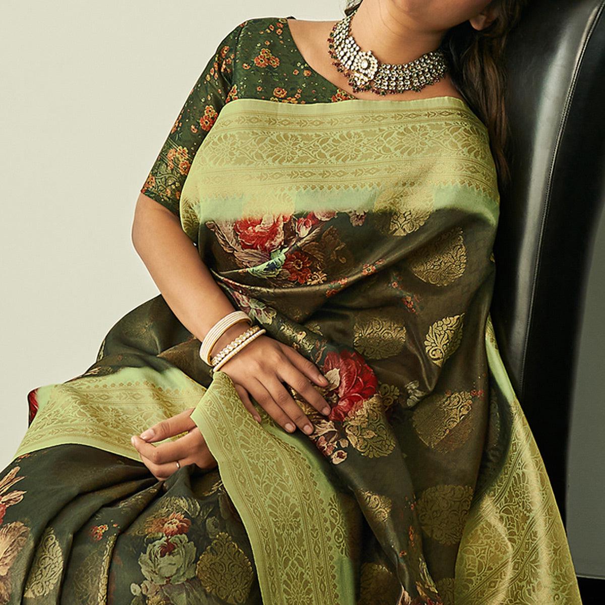 Mehendi Green Festive Wear Floral Printed Silk Saree With Woven Border - Peachmode