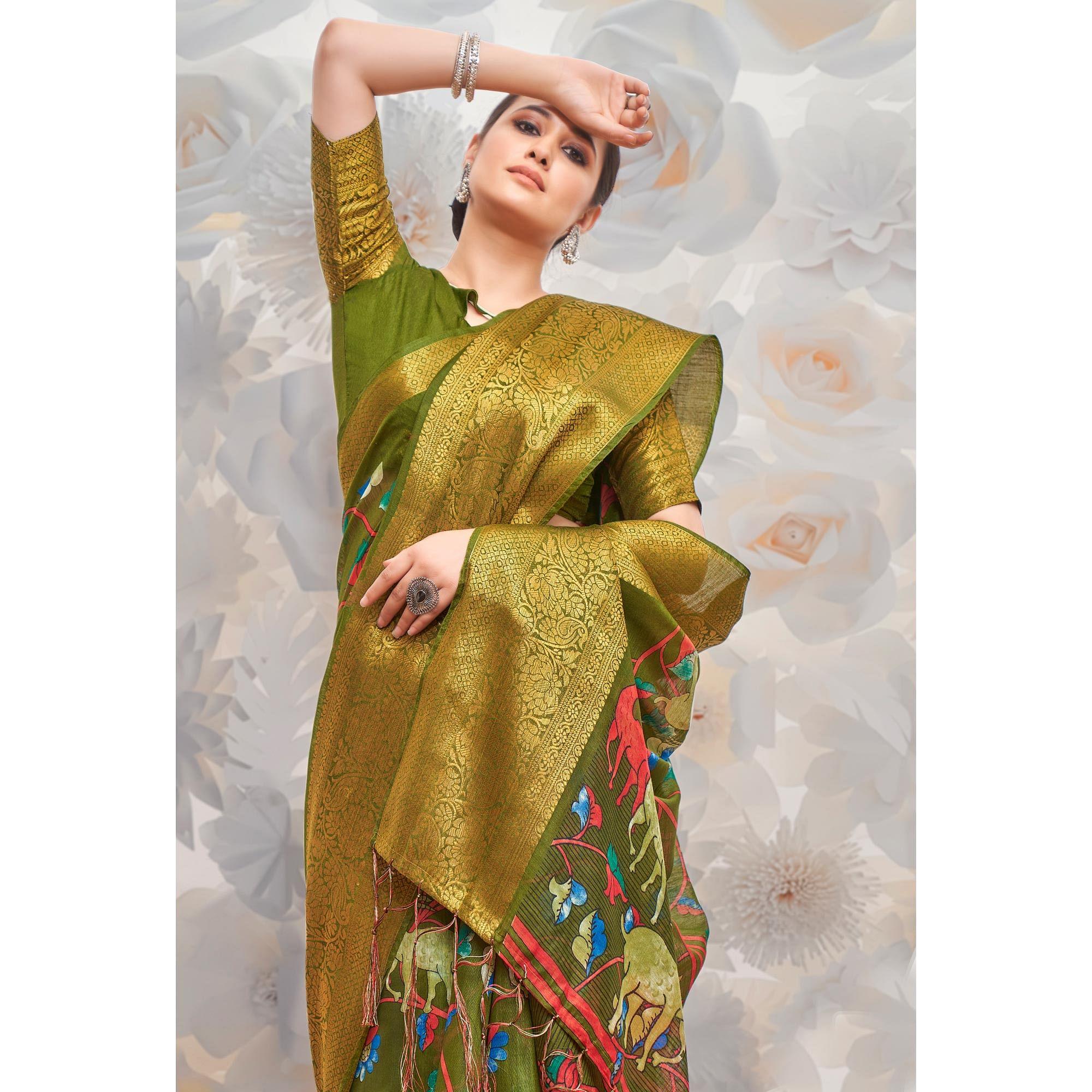 Mehendi Green Festive Wear Printed Cotton Silk Saree - Peachmode