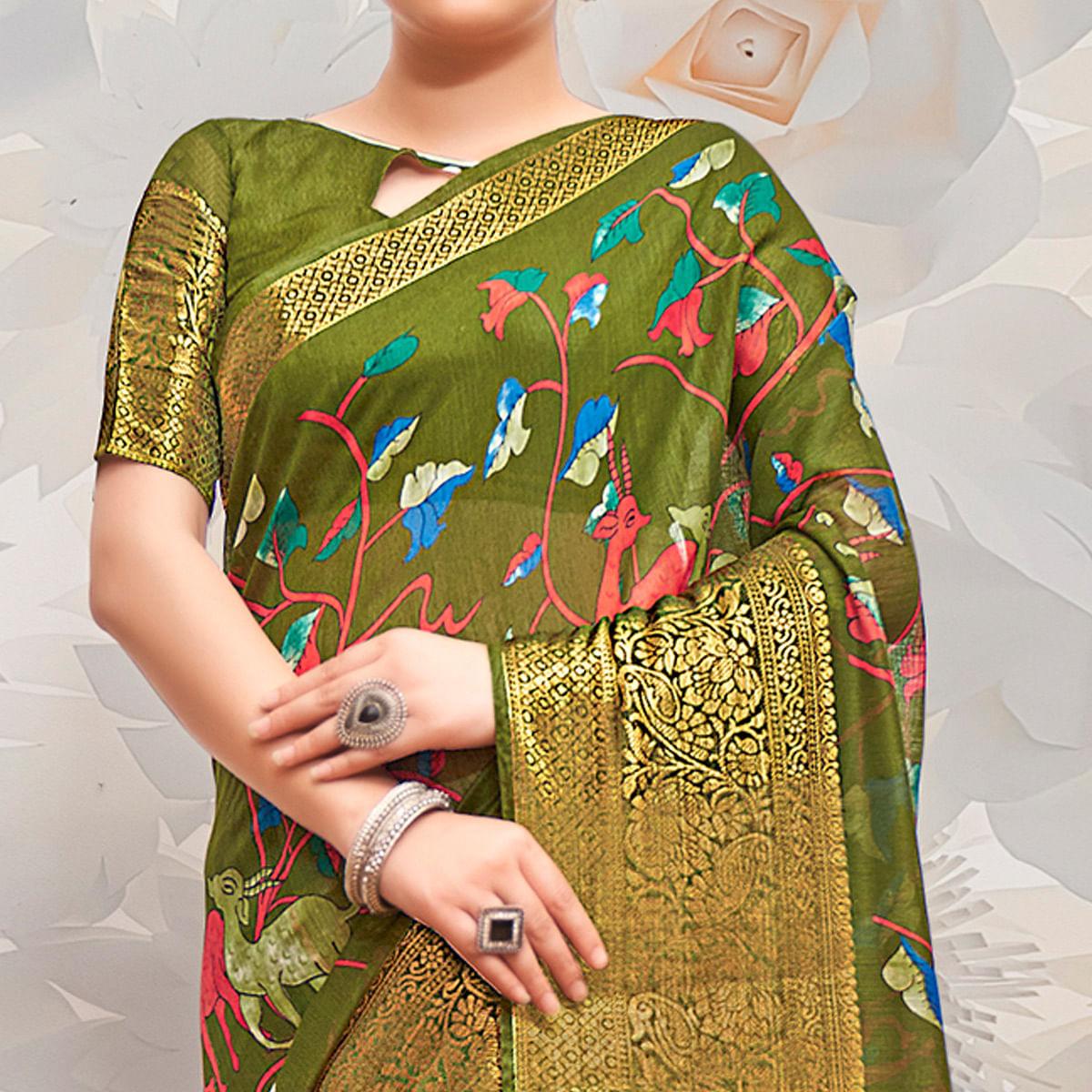 Mehendi Green Festive Wear Printed Cotton Silk Saree - Peachmode