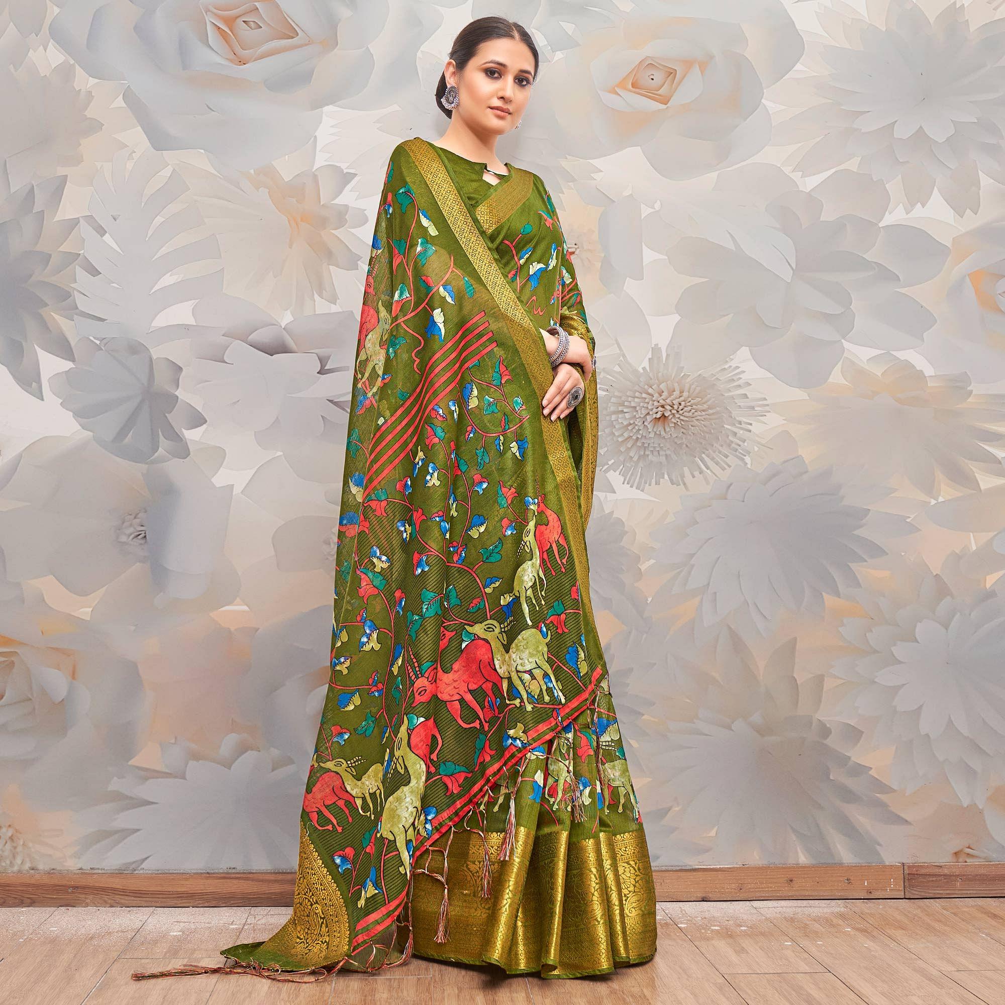 Mehendi Green Festive Wear Printed Cotton Silk Saree - Peachmode