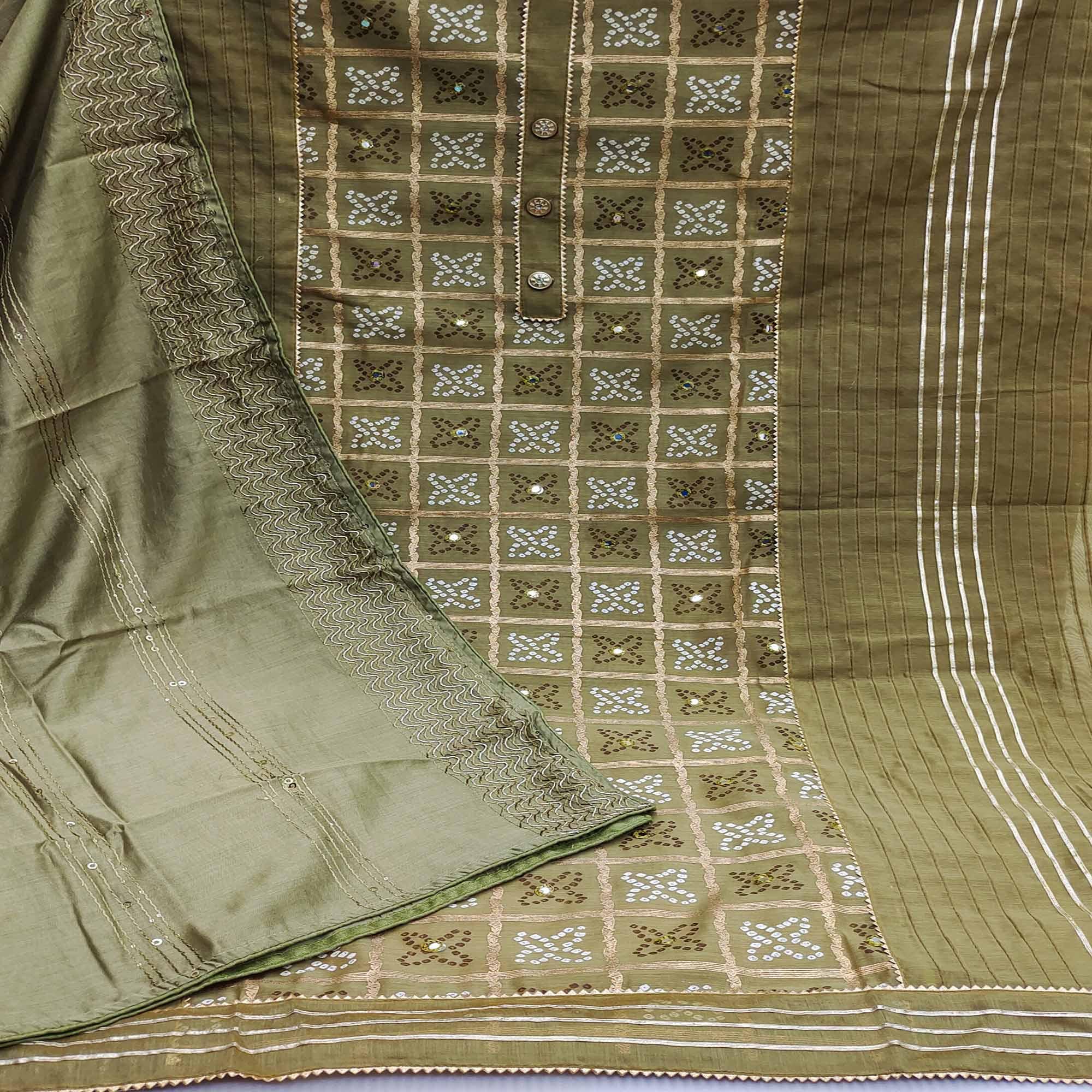 Mehendi Green Festive Wear Printed With Handwork Modal Dress Material - Peachmode