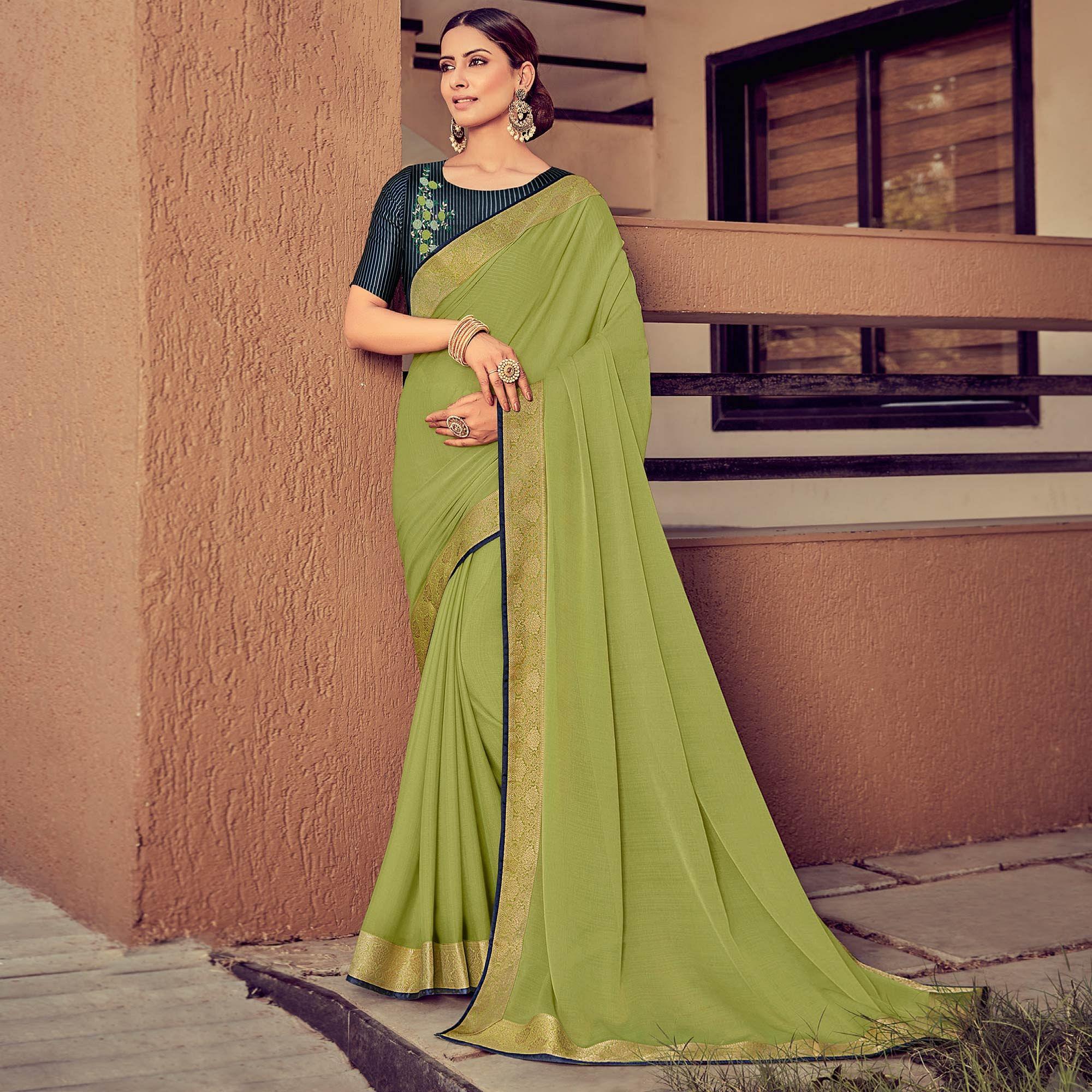 Mehendi Green Festive Wear Solid Chiffon Saree With Border - Peachmode