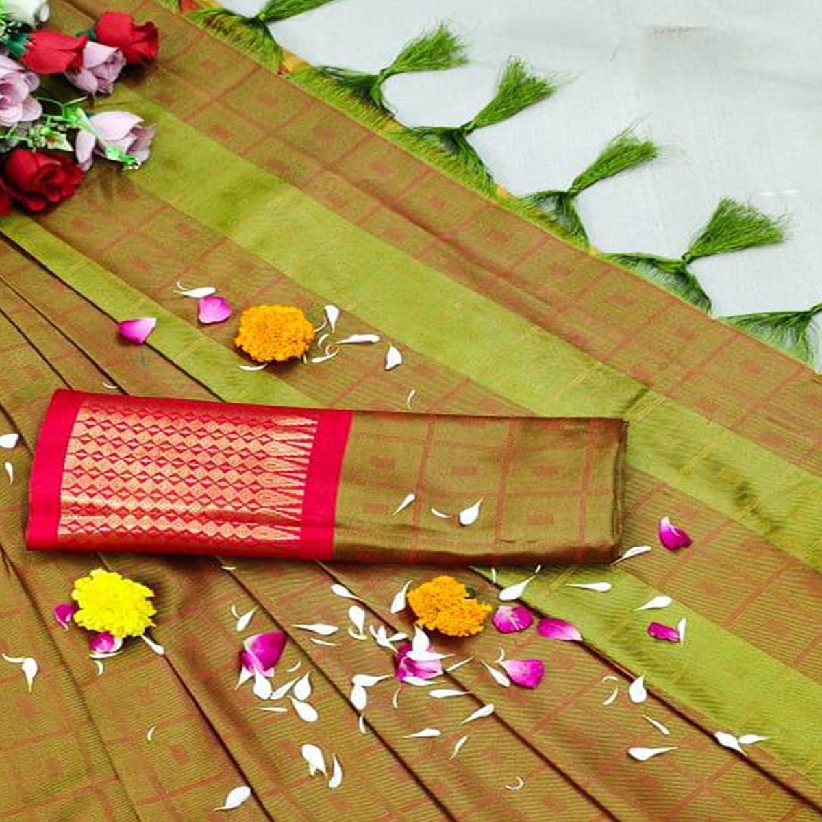 Mehendi  Green Festive Wear Woven Cotton Silk Saree - Peachmode