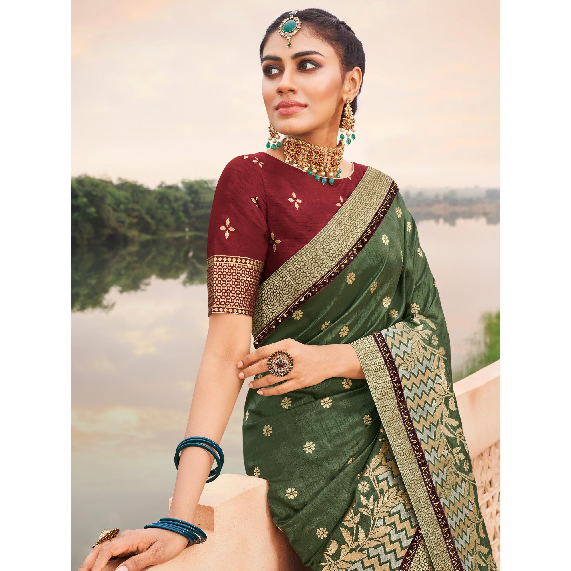 Mehendi Green Festive Wear Woven Silk Saree - Peachmode