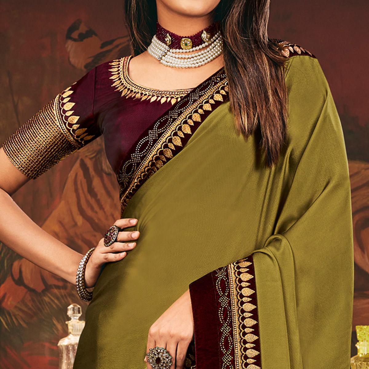 Mehendi Green Festive Wear Woven Silk Saree - Peachmode