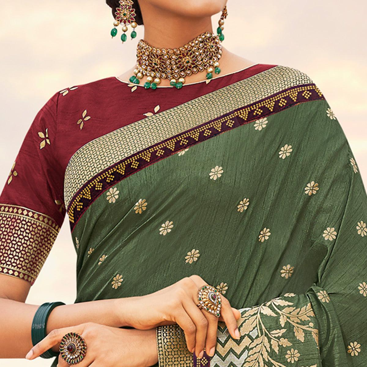 Mehendi Green Festive Wear Woven Silk Saree - Peachmode