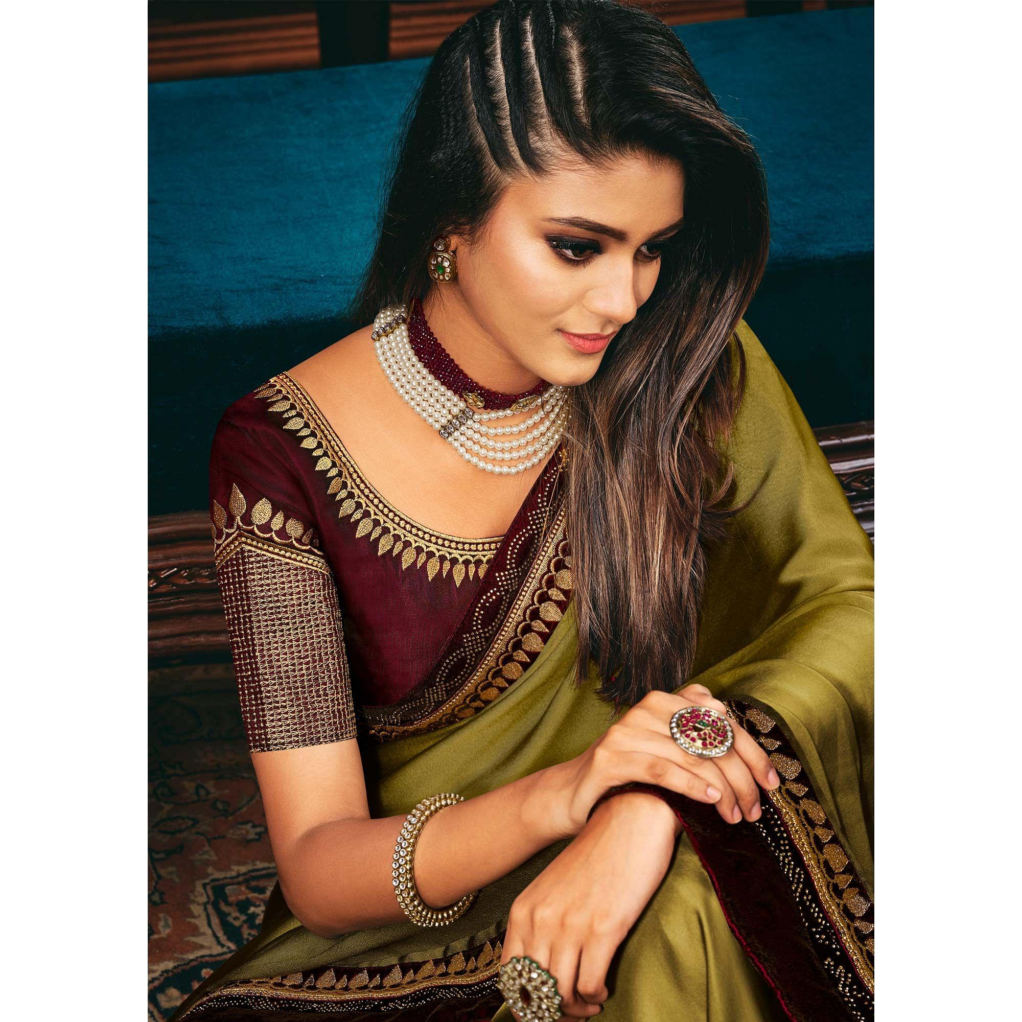 Mehendi Green Festive Wear Woven Silk Saree - Peachmode
