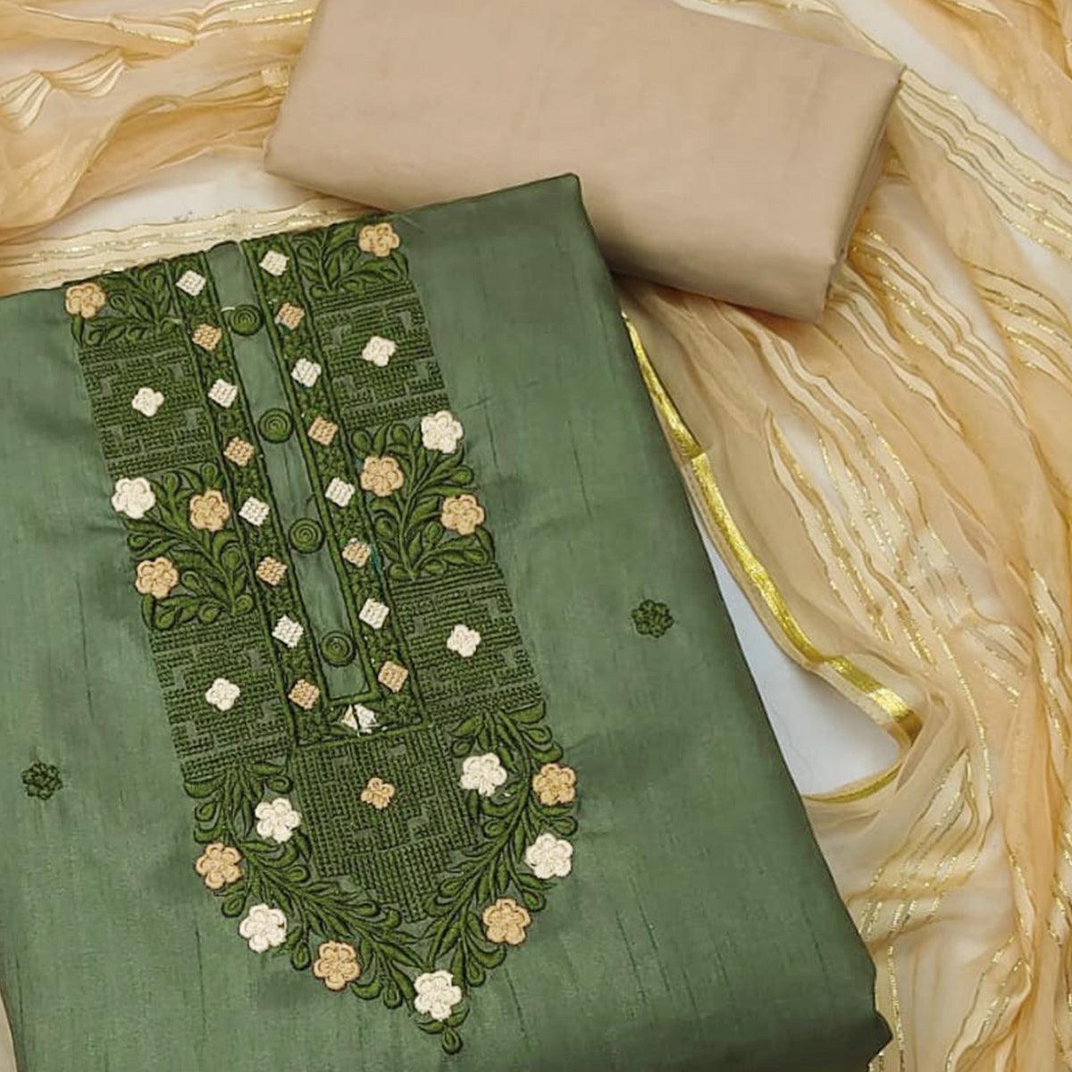 Mehendi Green Floral Embroidered Art Silk Dress Material - Peachmode