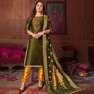 Mehendi Green Floral Embroidered Art Silk Kurti Pant Set With Dupatta - Peachmode