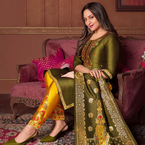 Mehendi Green Floral Embroidered Art Silk Kurti Pant Set With Dupatta - Peachmode