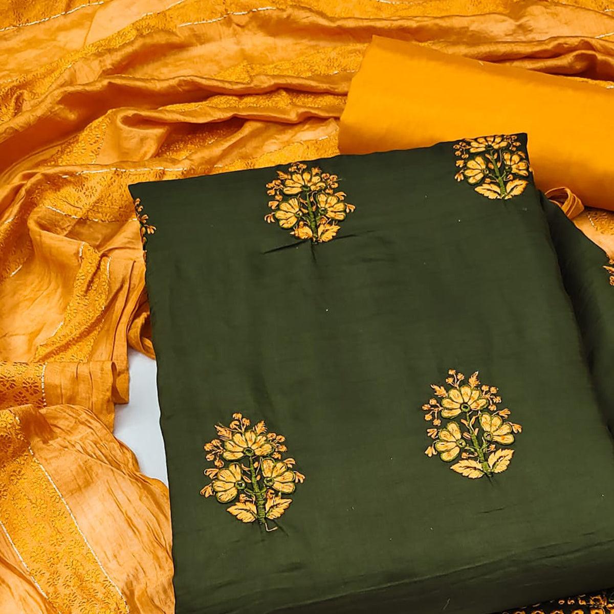 Mehendi Green Floral Embroidered Pure Silk Dress Material - Peachmode