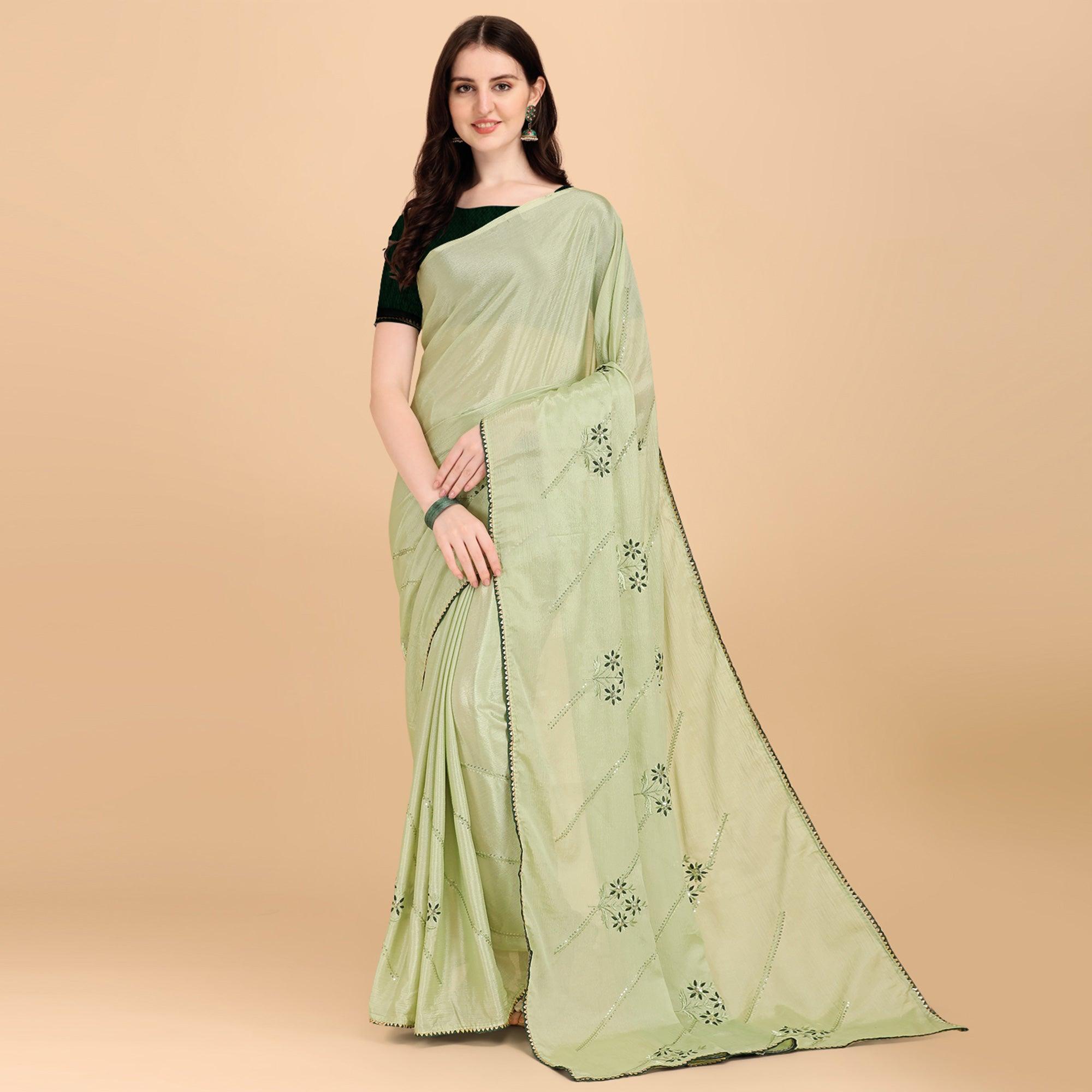 Mehendi Green Floral Sequence Embroidered Chiffon Saree - Peachmode
