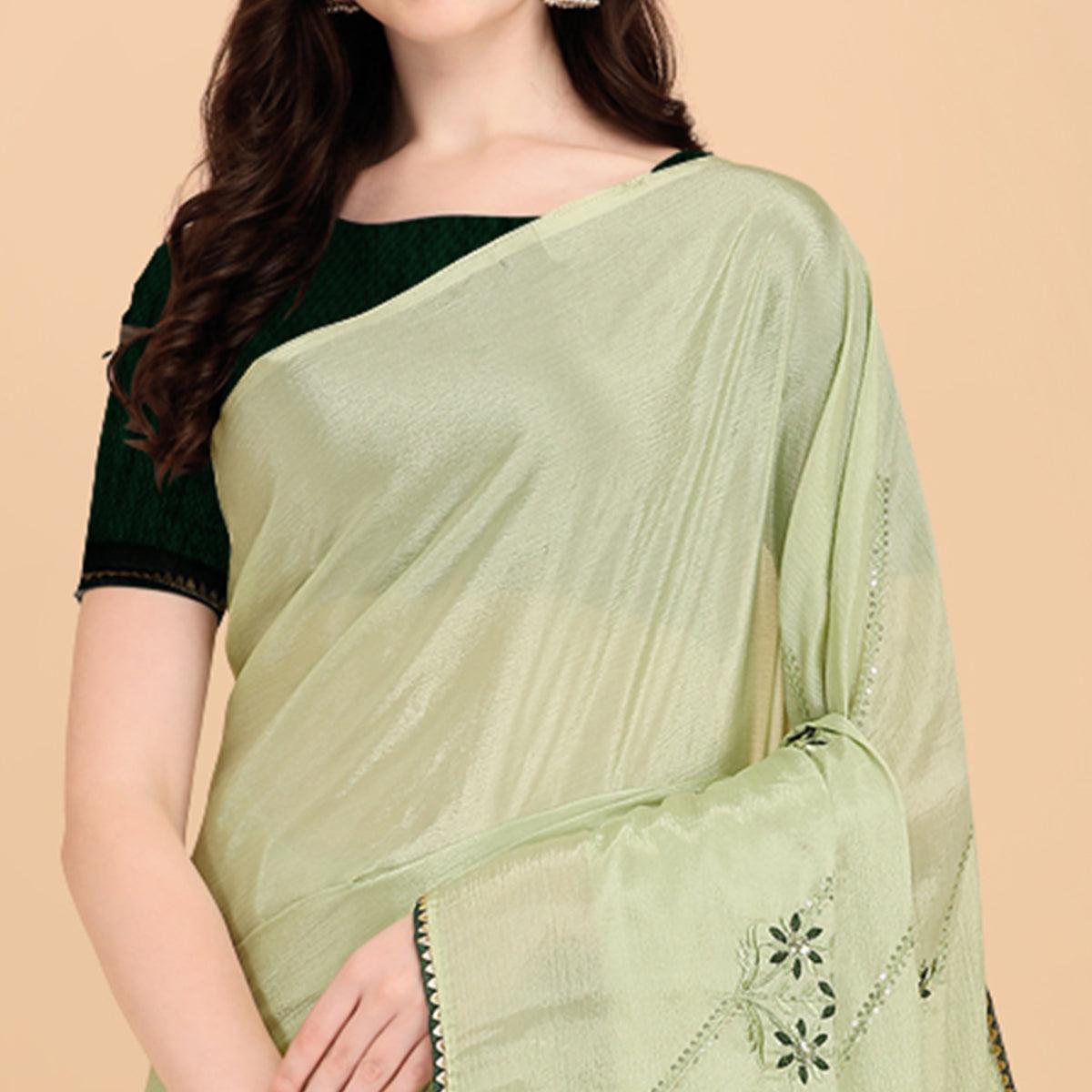 Mehendi Green Floral Sequence Embroidered Chiffon Saree - Peachmode