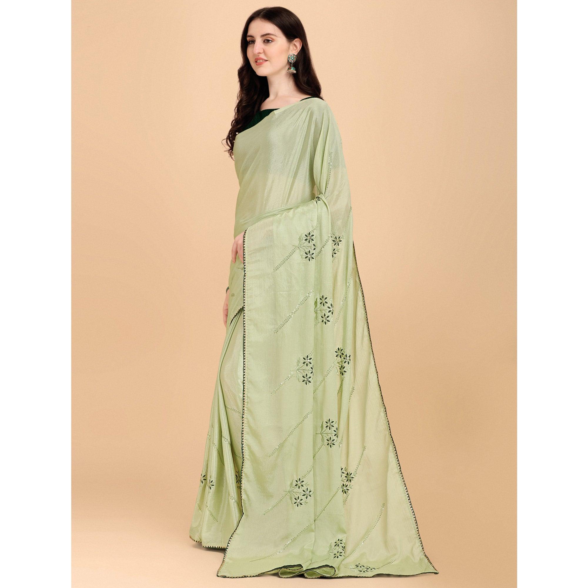 Mehendi Green Floral Sequence Embroidered Chiffon Saree - Peachmode