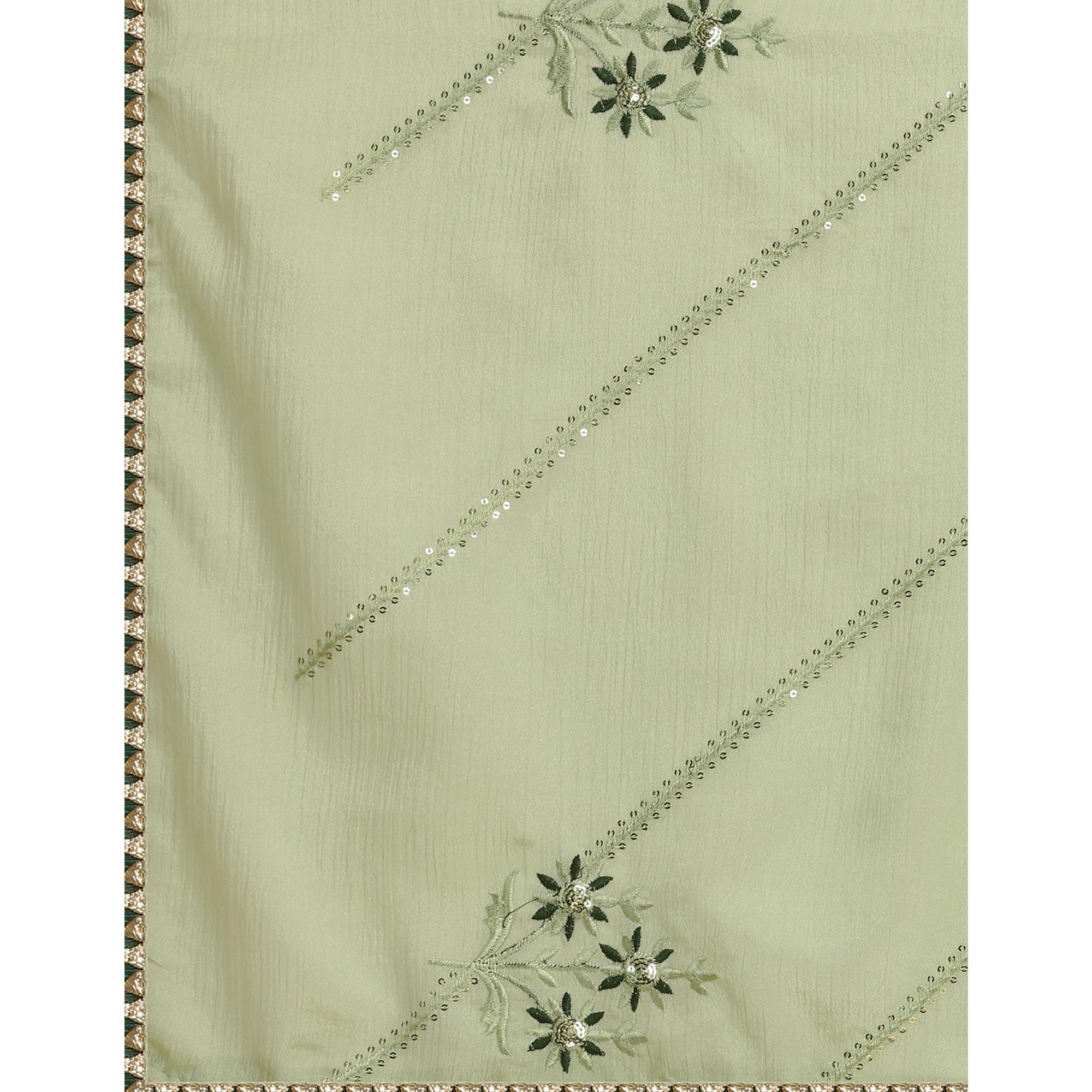 Mehendi Green Floral Sequence Embroidered Chiffon Saree - Peachmode