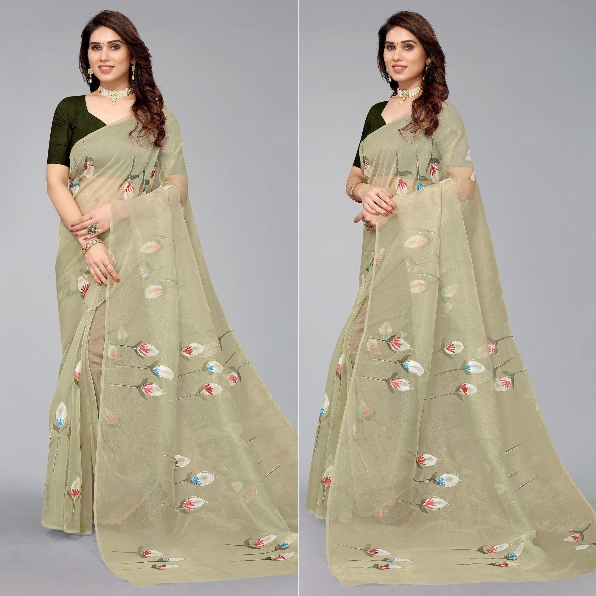 Mehendi Green Hand Printed Organza Saree - Peachmode
