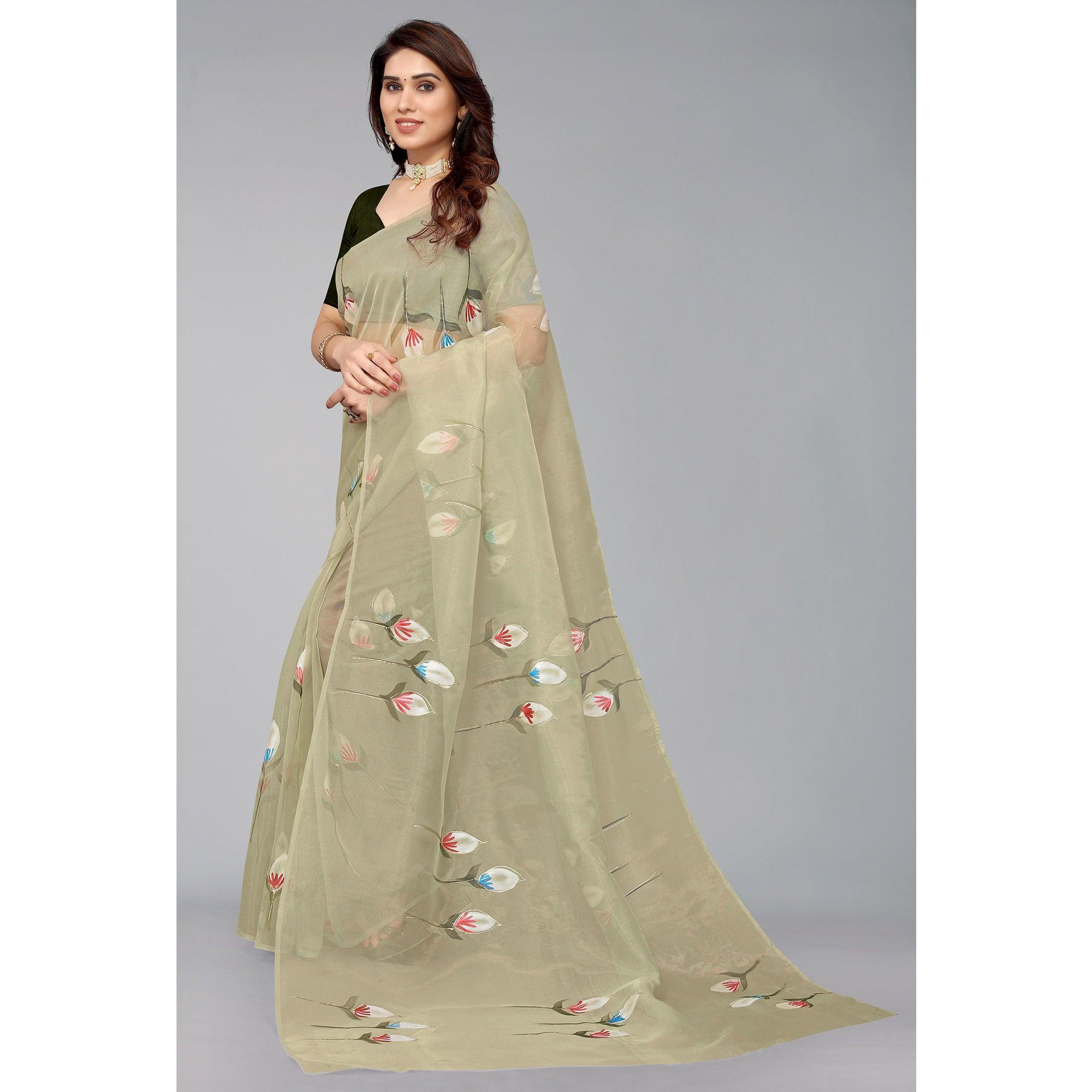 Mehendi Green Hand Printed Organza Saree - Peachmode