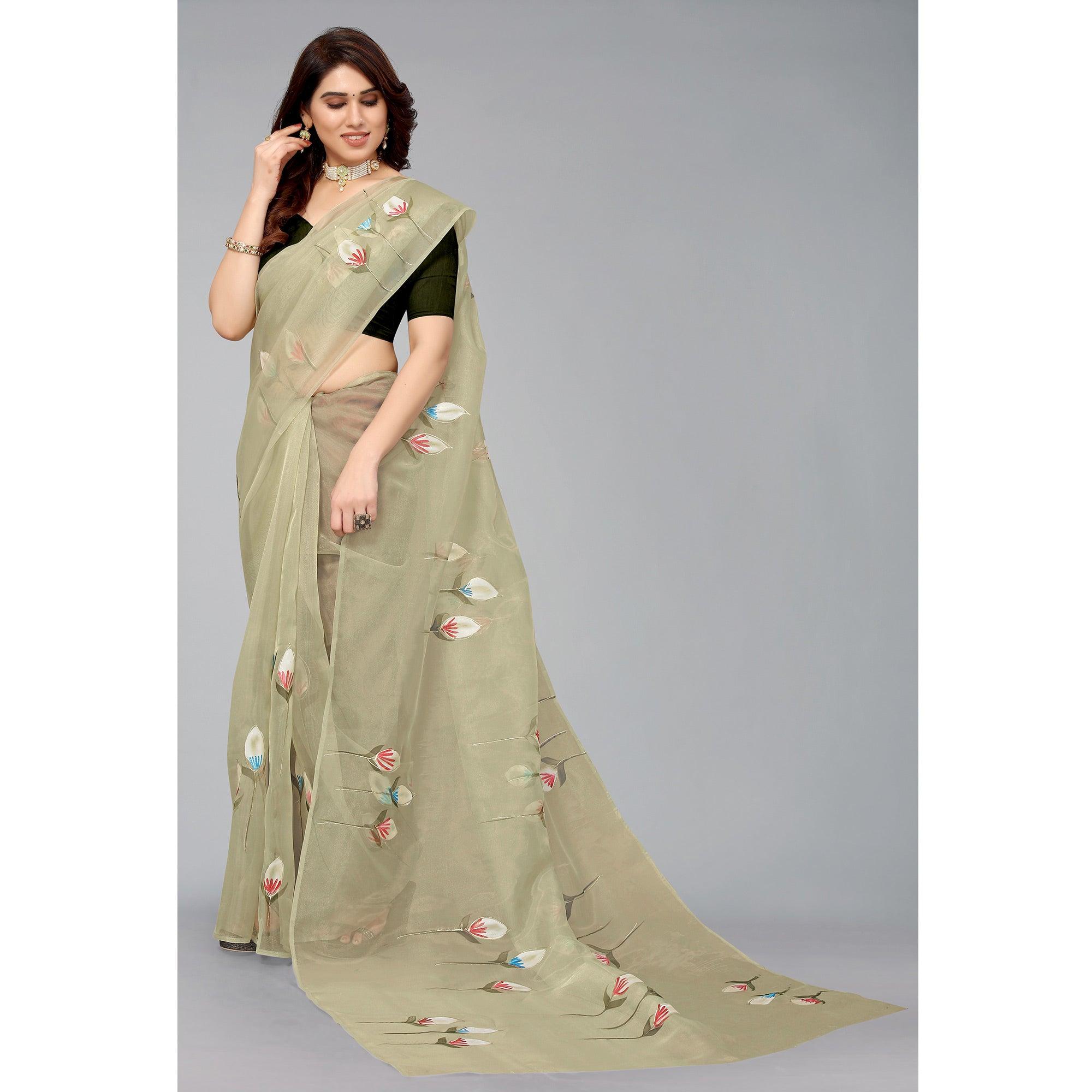 Mehendi Green Hand Printed Organza Saree - Peachmode