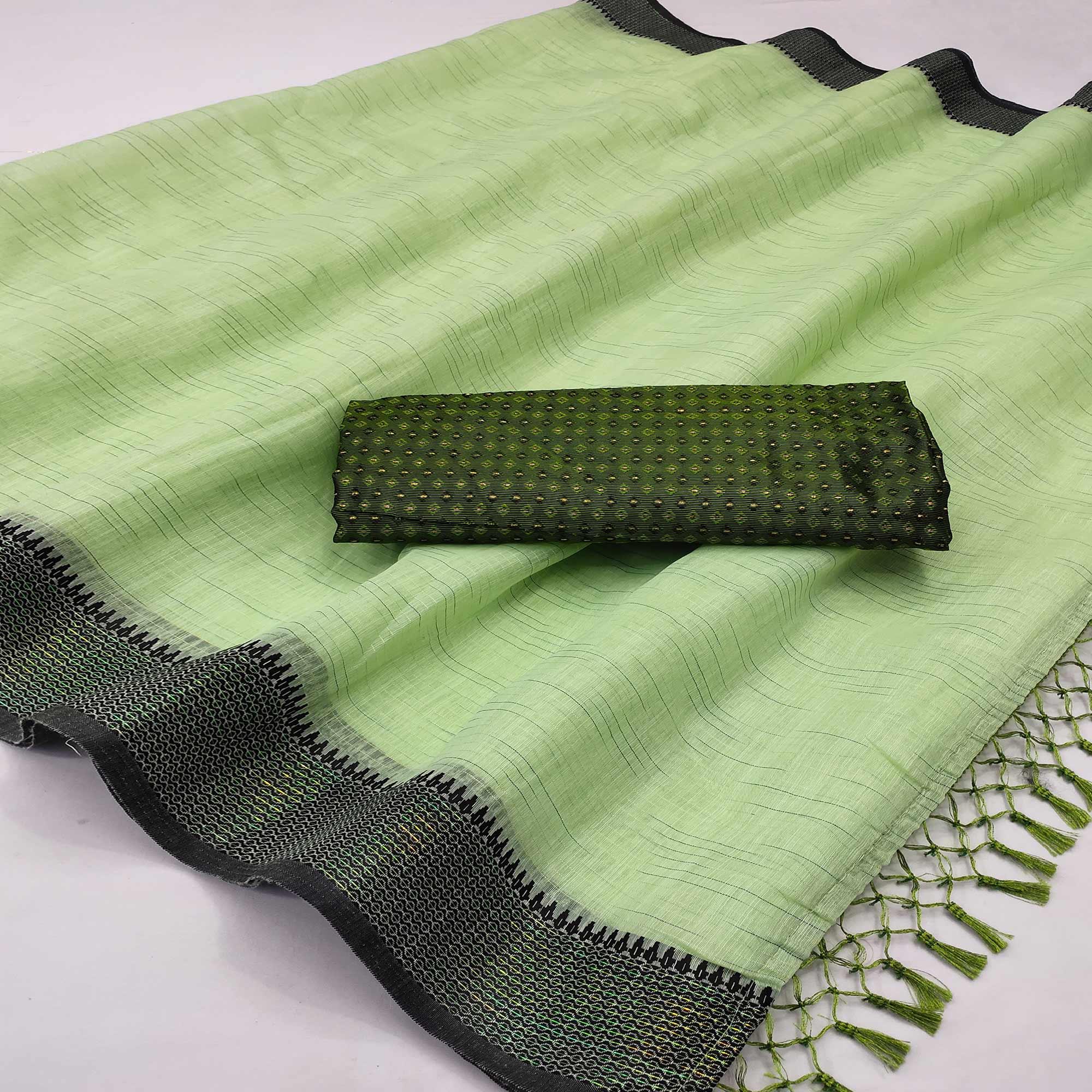 Mehendi Green lining Pattern Poly Cotton Saree - Peachmode