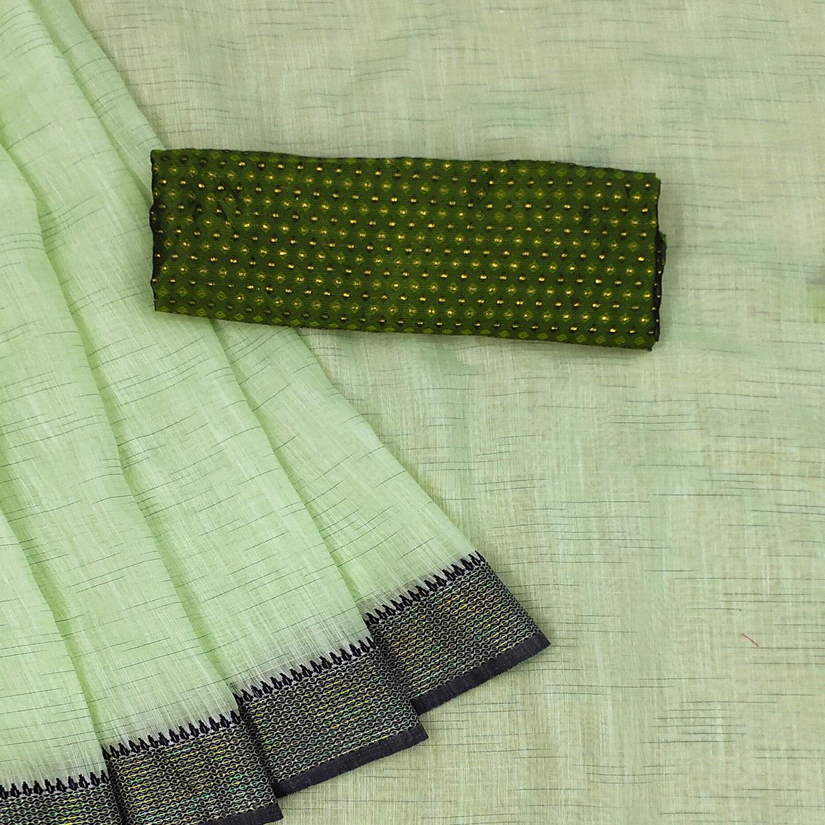 Mehendi Green lining Pattern Poly Cotton Saree - Peachmode