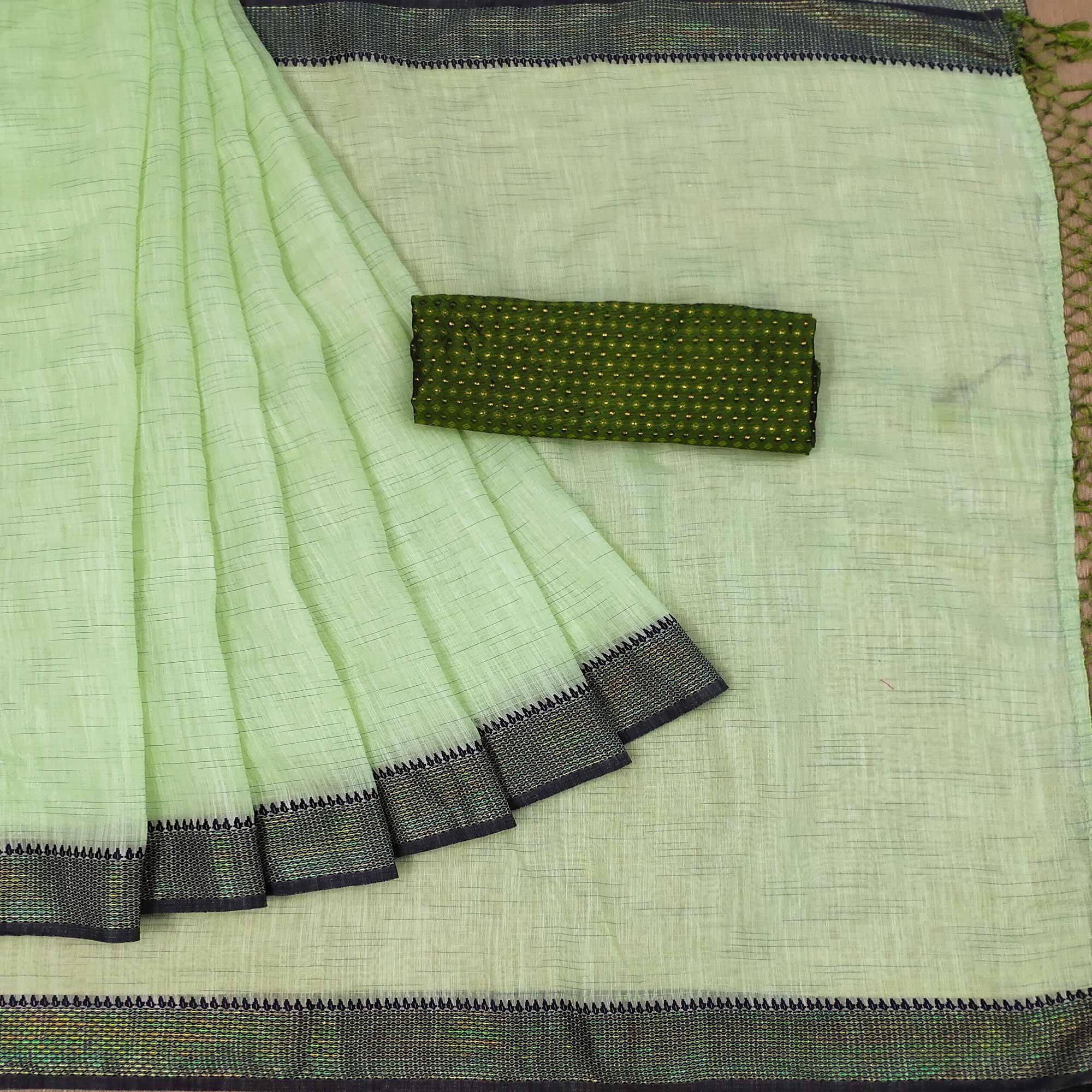 Mehendi Green lining Pattern Poly Cotton Saree - Peachmode