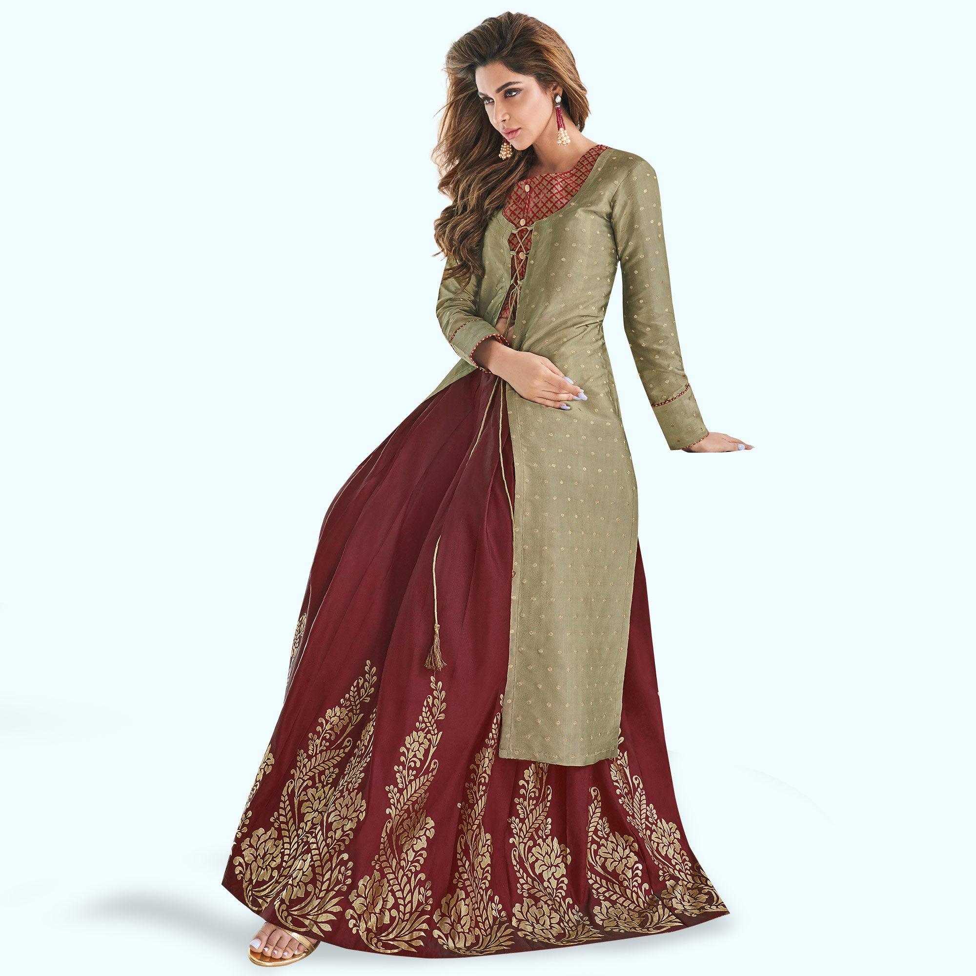 Mehendi Green-Maroon Printed Raw Silk Lehenga Choli With Koti - Peachmode
