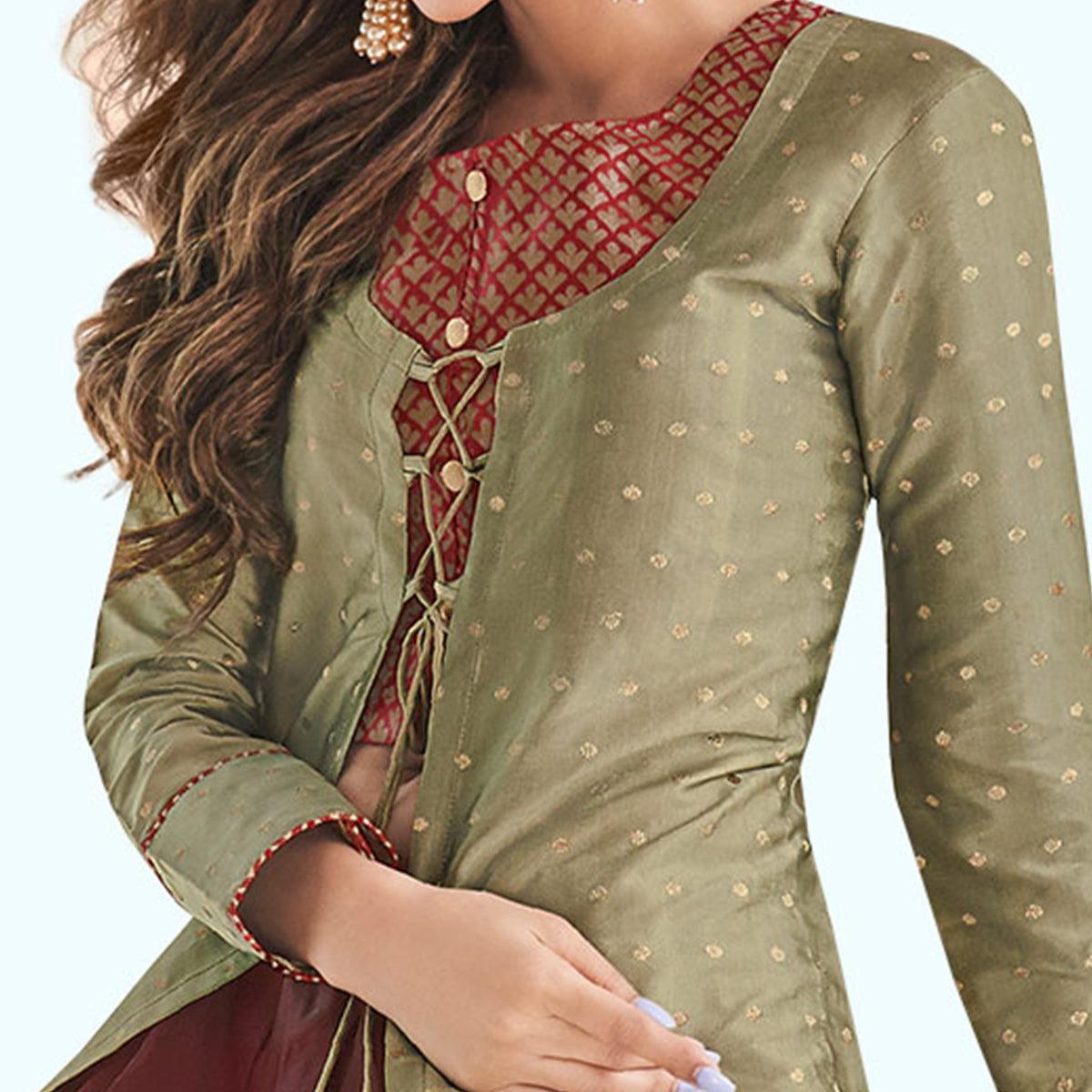 Mehendi Green-Maroon Printed Raw Silk Lehenga Choli With Koti - Peachmode