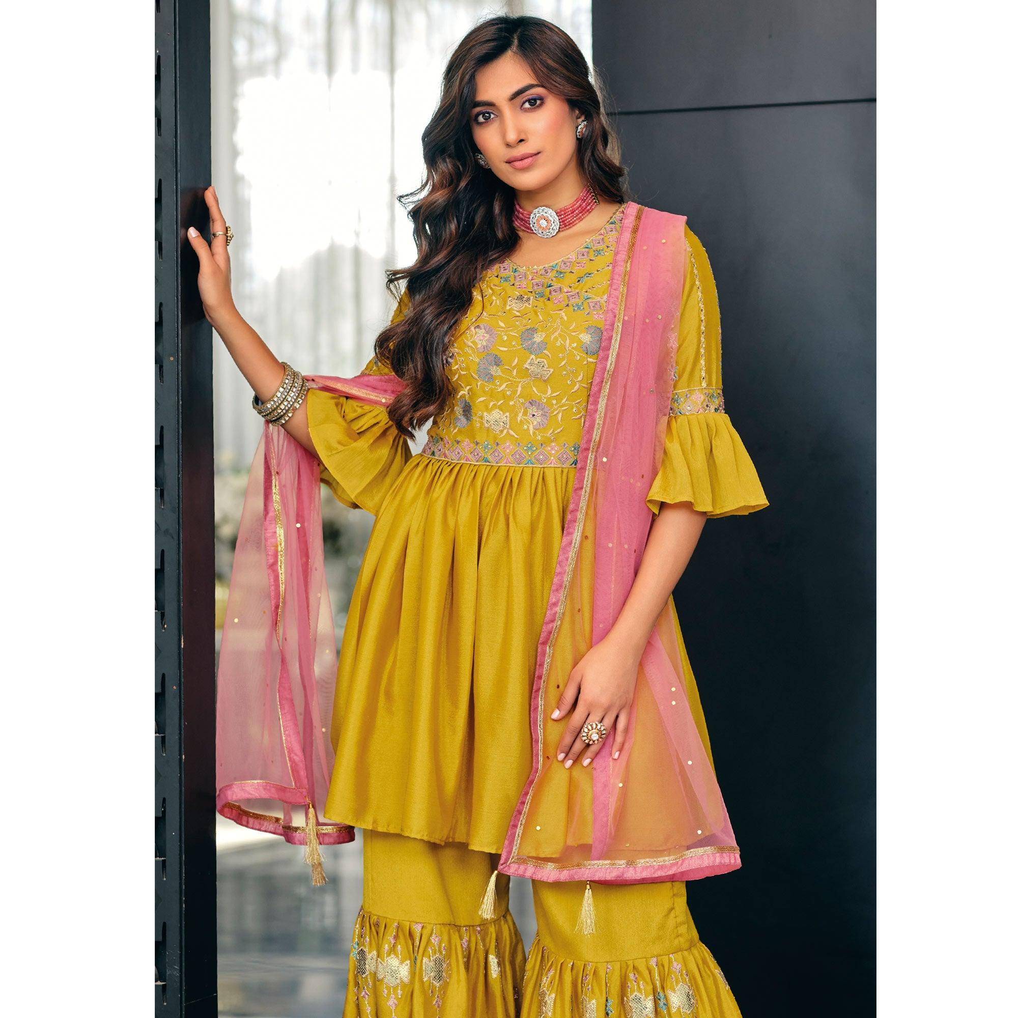 Mehendi Green Party Wear Embroidered Georgette Sharara Suit - Peachmode