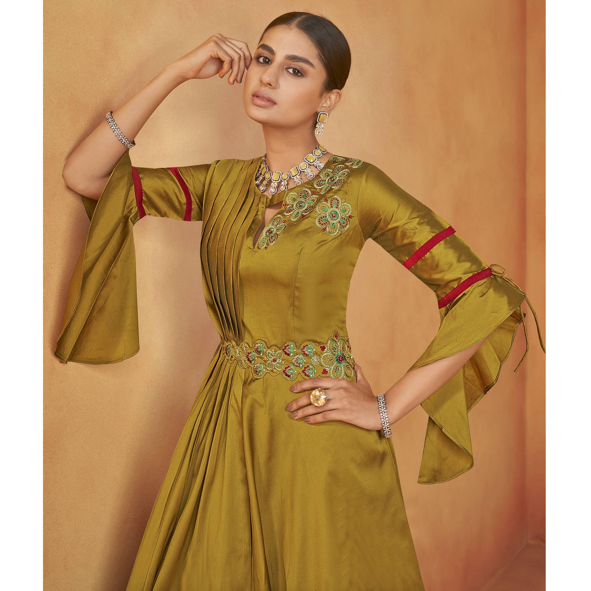 Mehendi Green Party Wear Embroidered Tapetta Gown - Peachmode