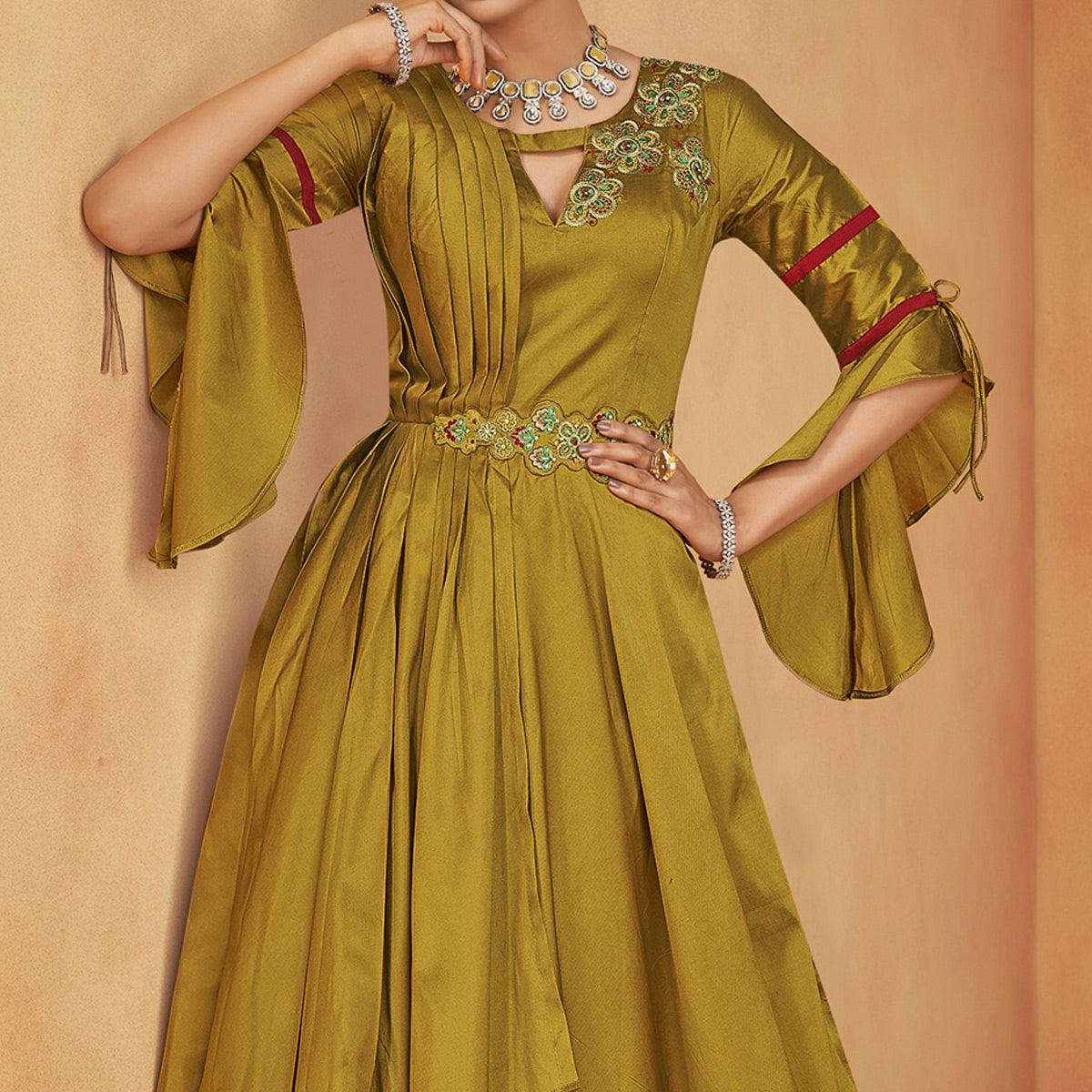 Mehendi Green Party Wear Embroidered Tapetta Gown - Peachmode
