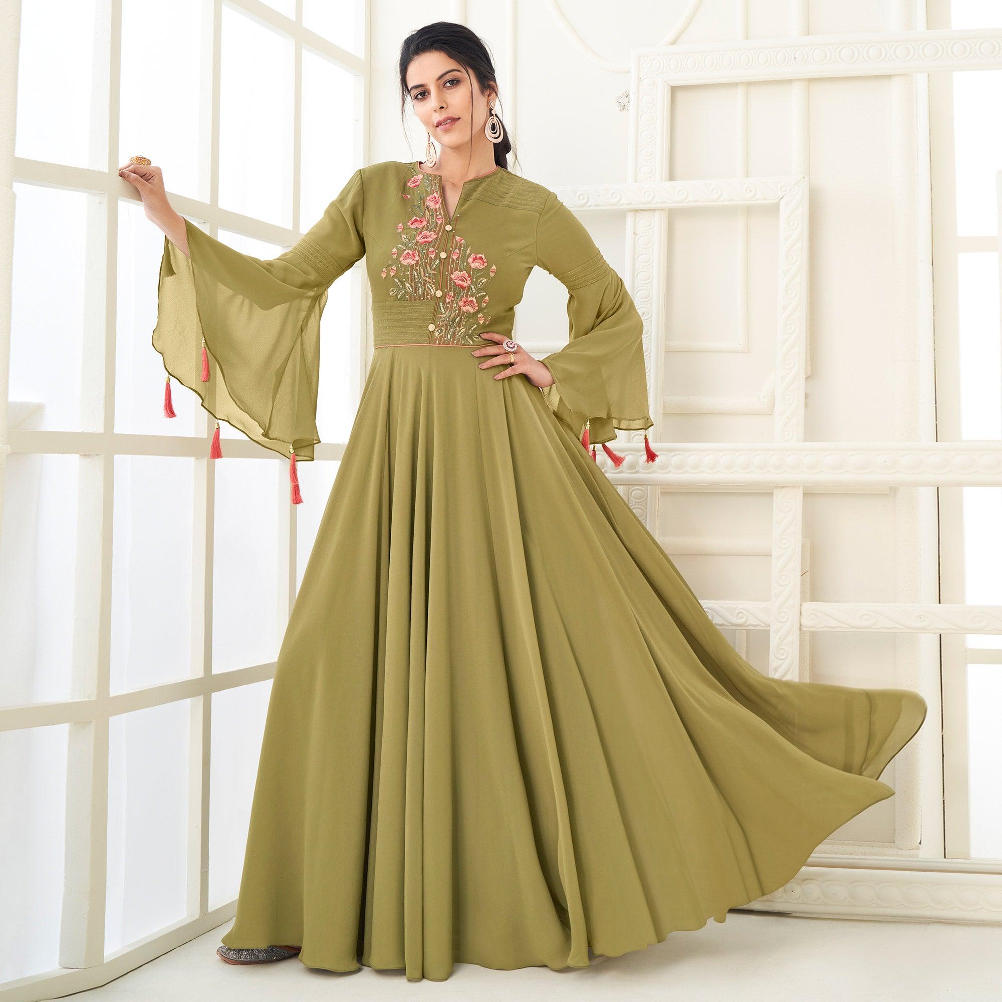 Mehendi Green Partywear Embroidered Heavy Georgette Gown - Peachmode