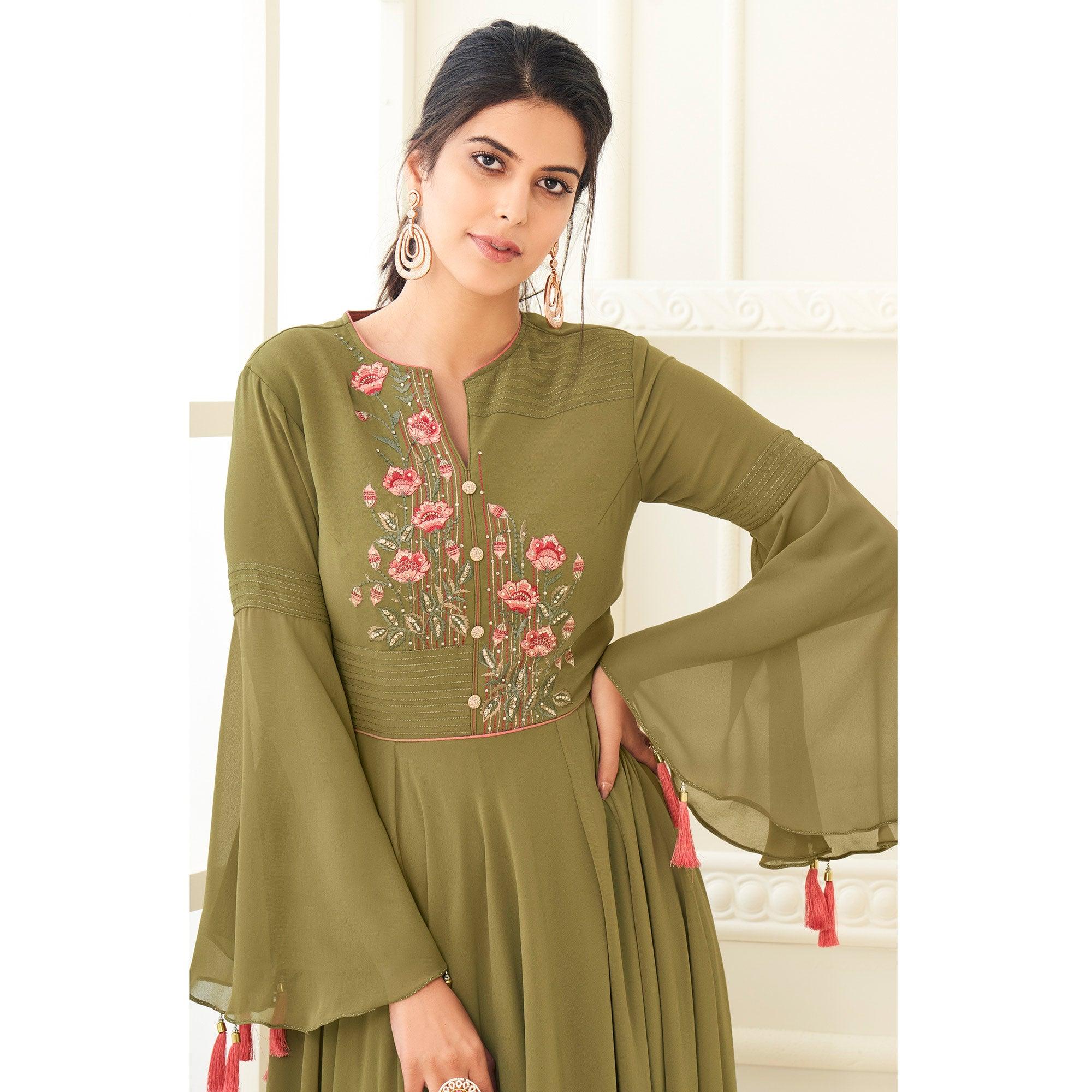 Mehendi Green Partywear Embroidered Heavy Georgette Gown - Peachmode