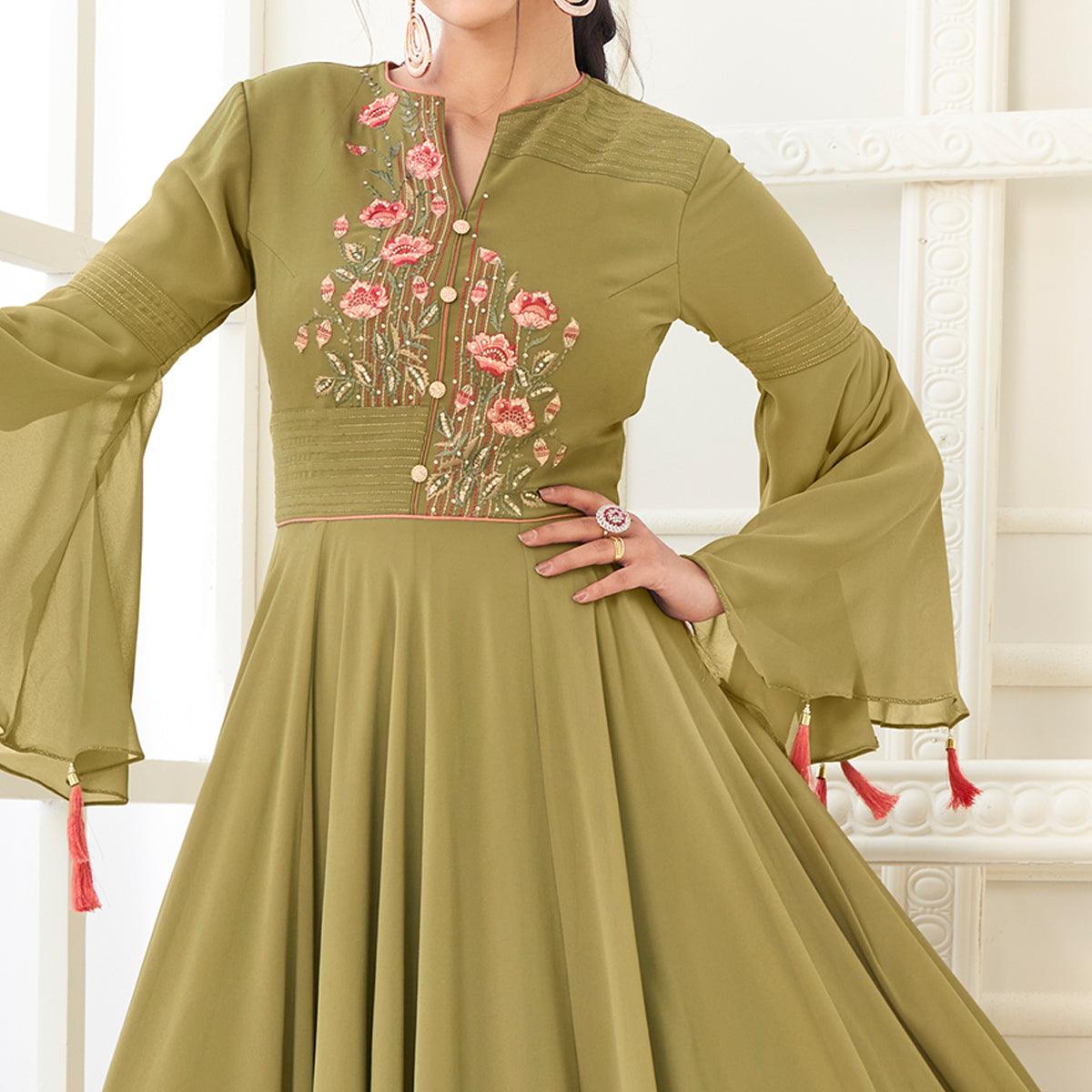 Mehendi Green Partywear Embroidered Heavy Georgette Gown - Peachmode