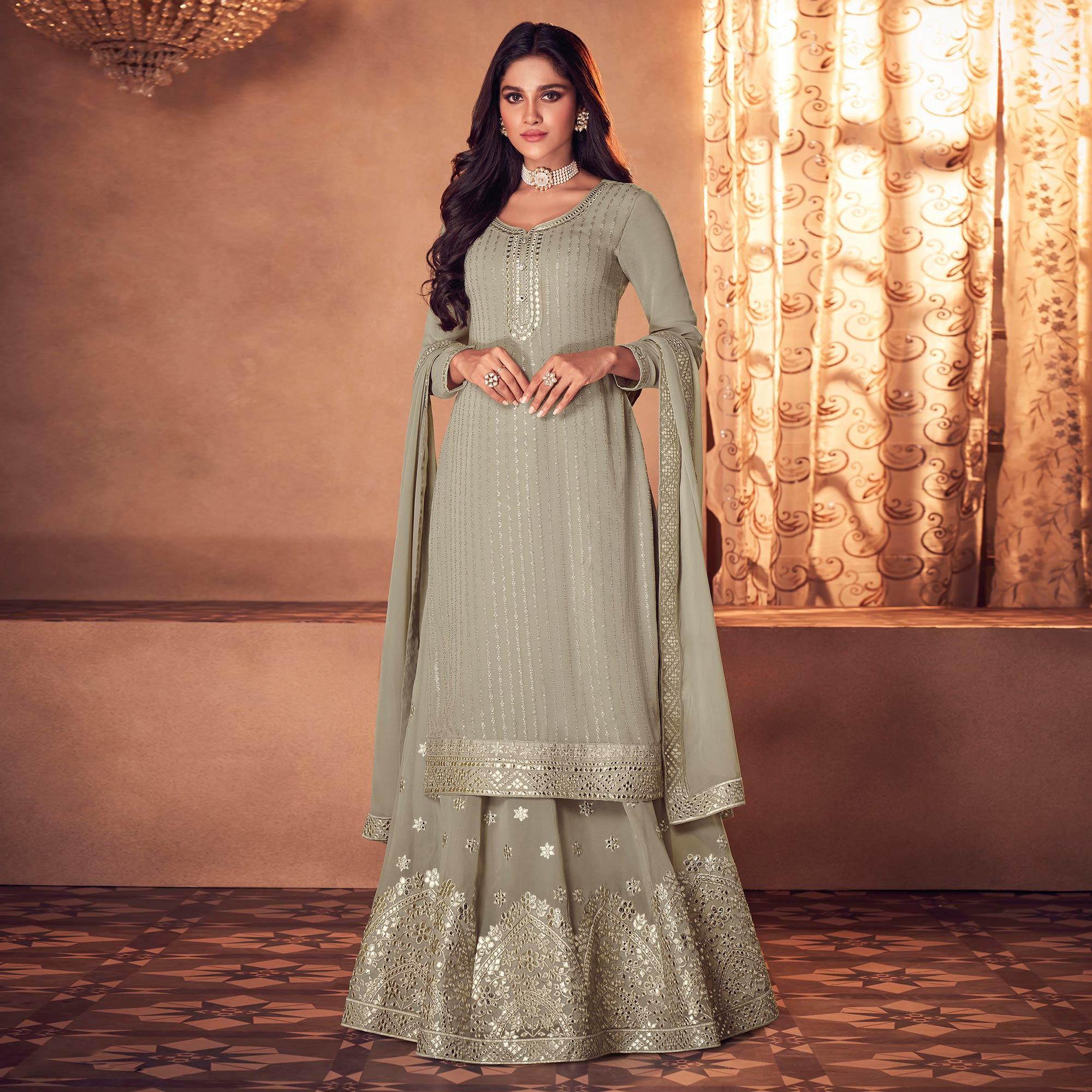 Mehendi Green Partywear Embroidered Real Georgette Top Skirt Set - Peachmode