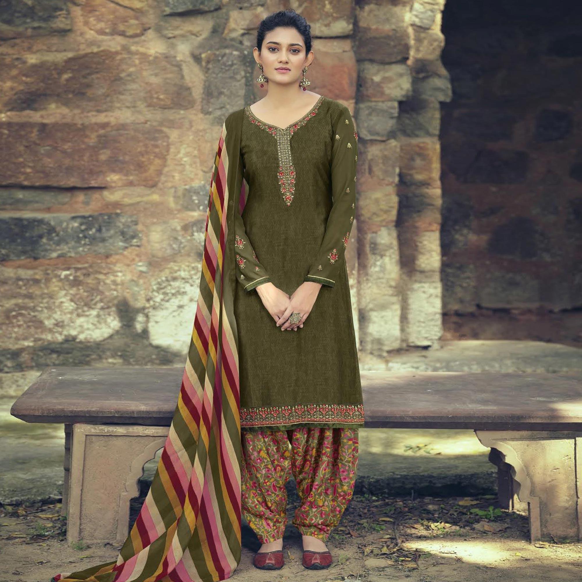 Mehendi Green Partywear Embroidered Royal French Crepe Patiala Suit - Peachmode