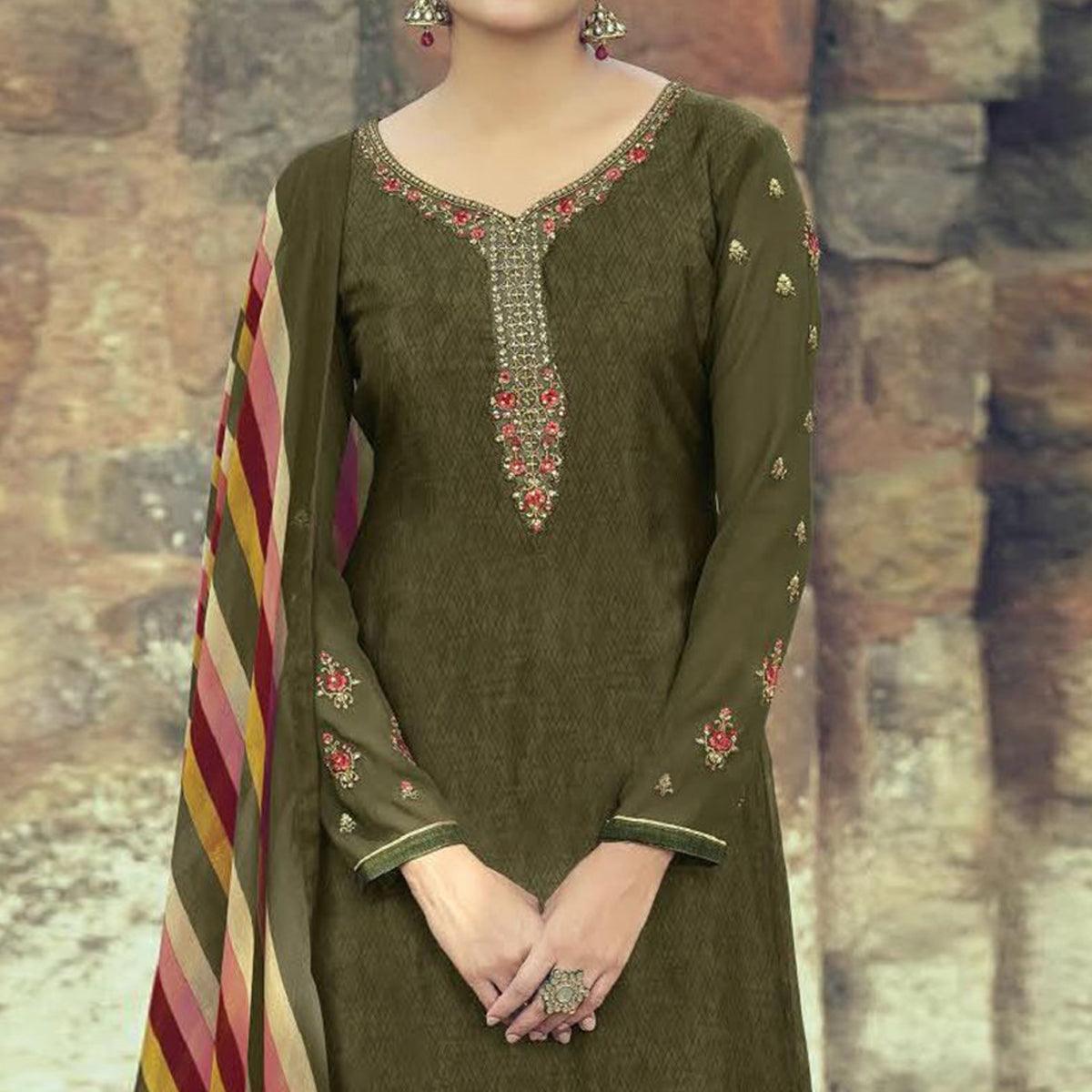 Mehendi Green Partywear Embroidered Royal French Crepe Patiala Suit - Peachmode