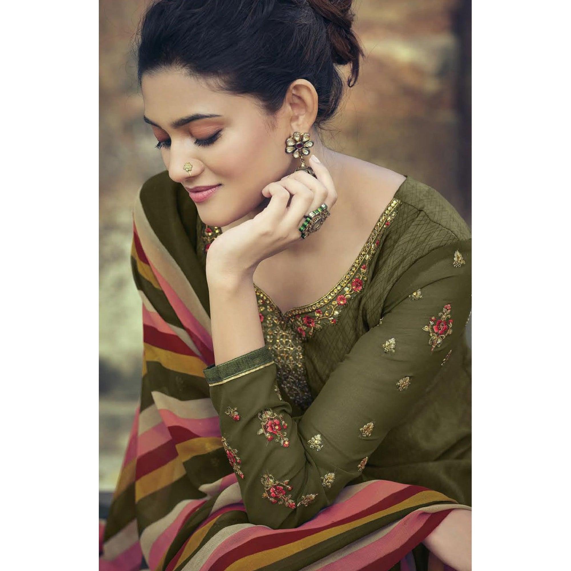 Mehendi Green Partywear Embroidered Royal French Crepe Patiala Suit - Peachmode