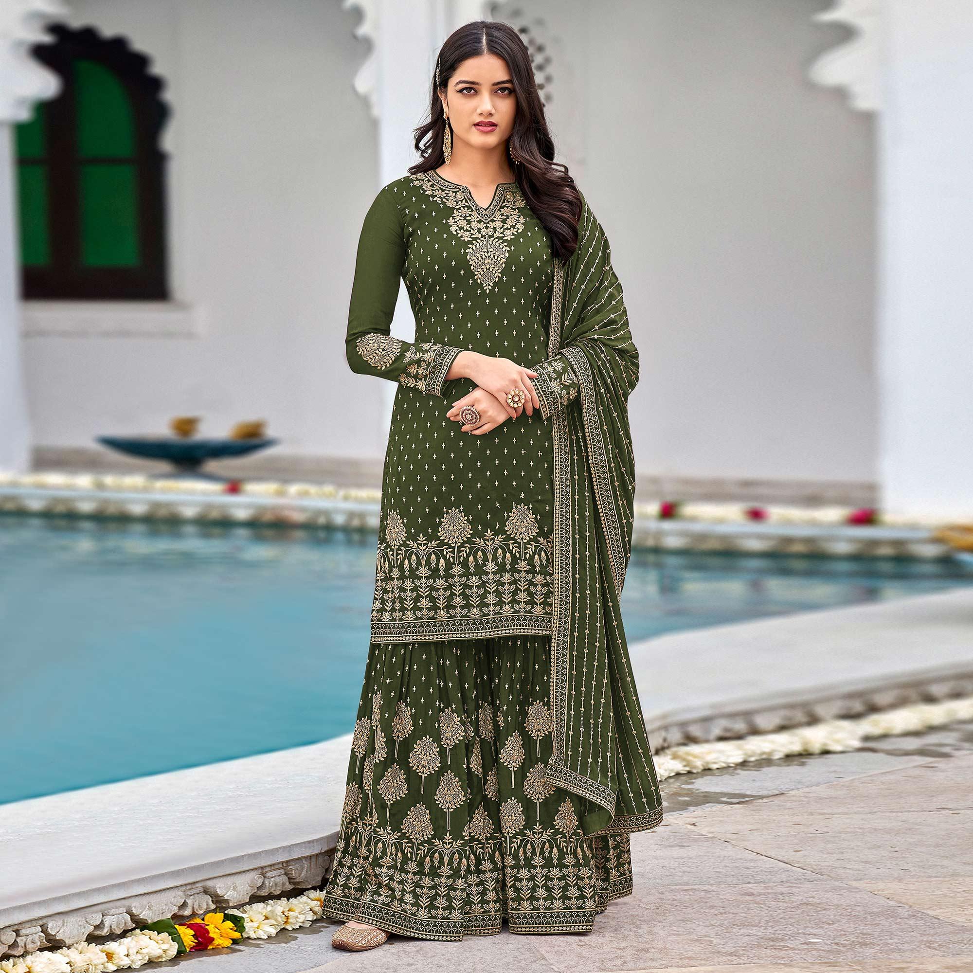 Mehendi Green Partywear Embroidery With Sequence Heavy Faux