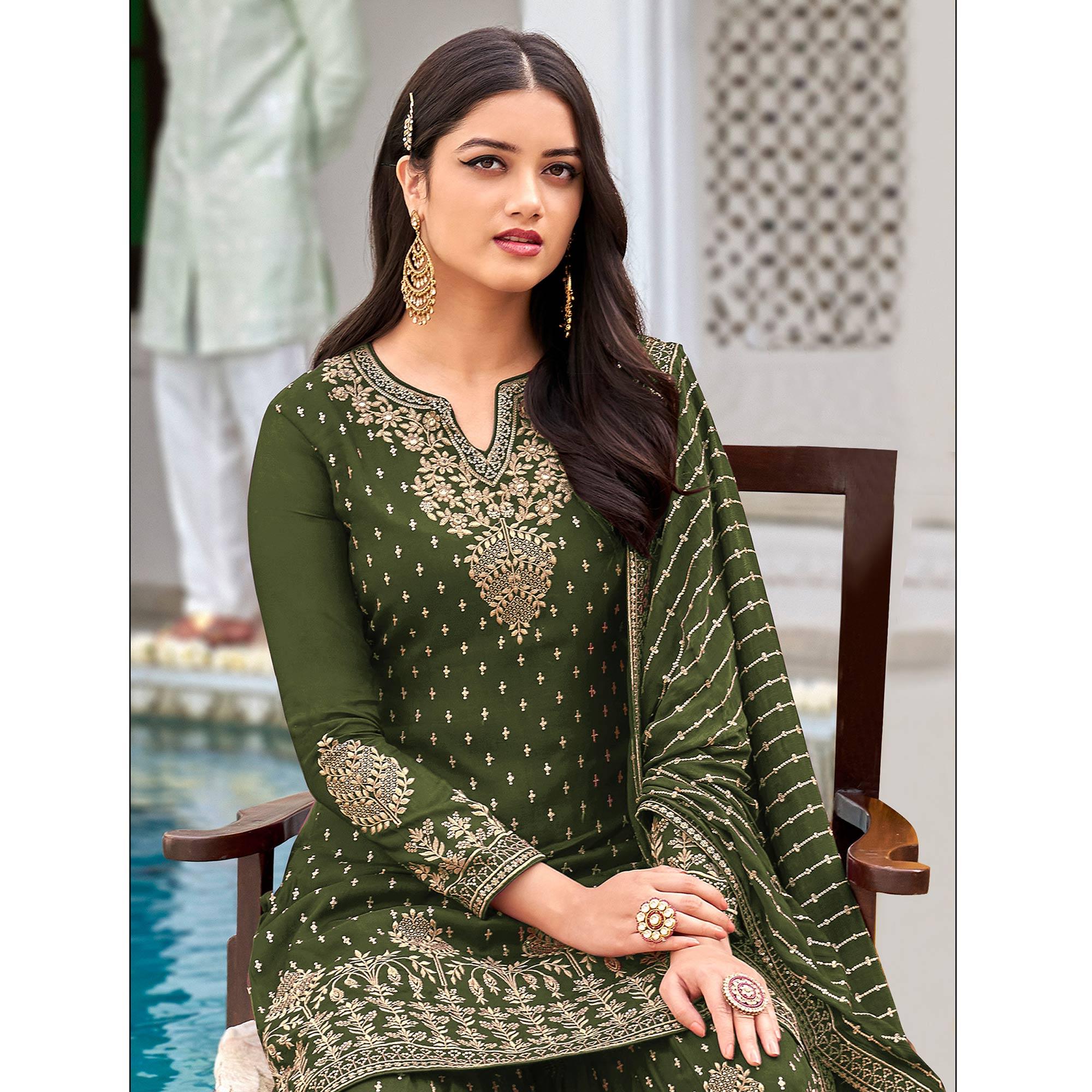 Mehendi Green Partywear Embroidery With Sequence Heavy Faux Georgette Salwar Suit - Peachmode
