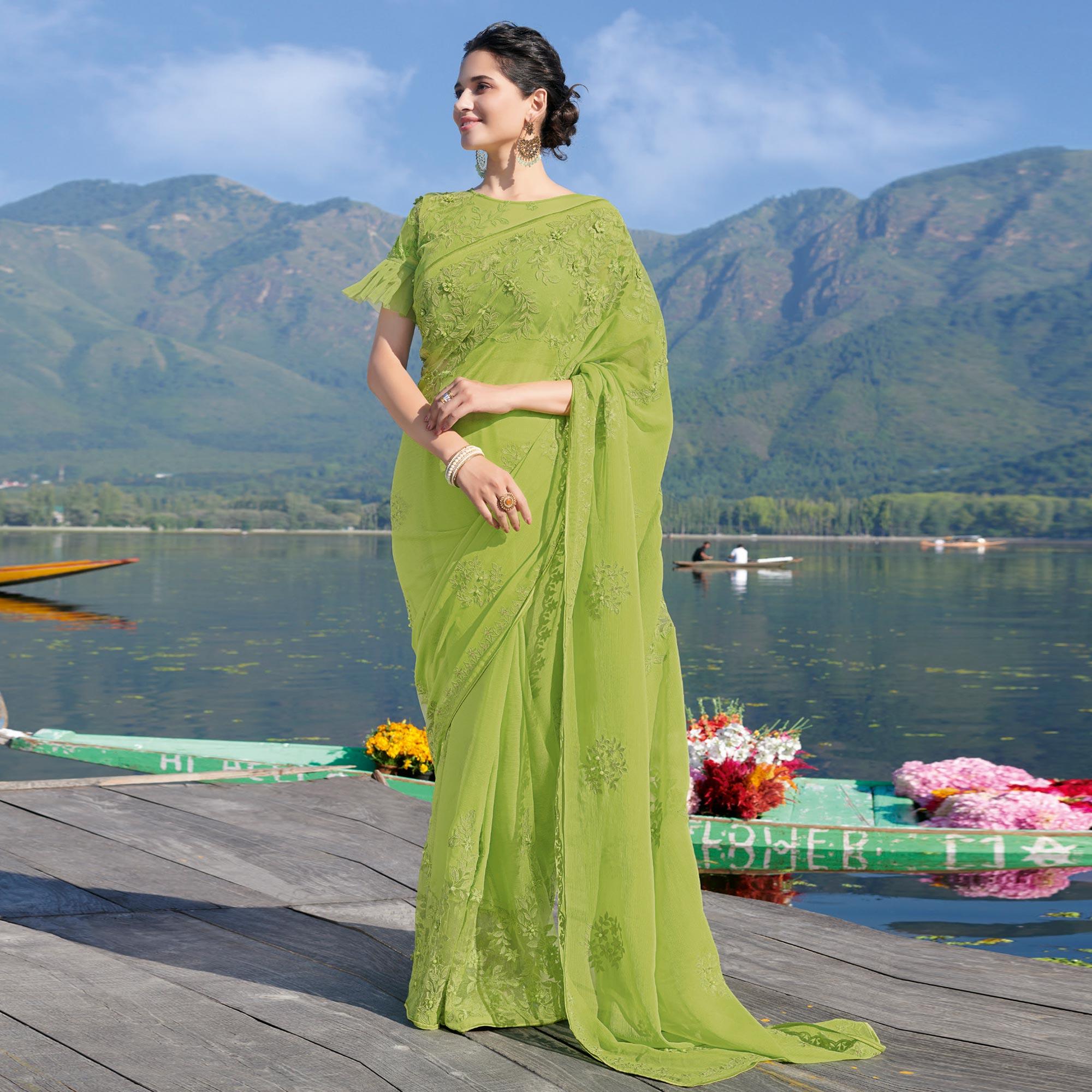 Mehendi Green Partywear Floral Embroidered Chiffon Saree - Peachmode